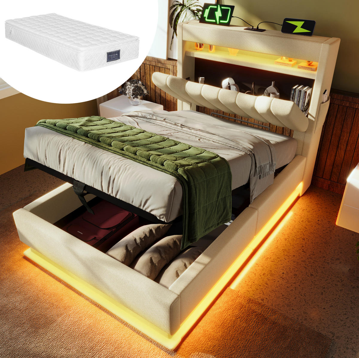 POLSTERBETT 90/200 cm Beige aus Leinen mit Matratze und LED-Beleuchtung - Beige, Textil (90/200cm) - OKMYHOME