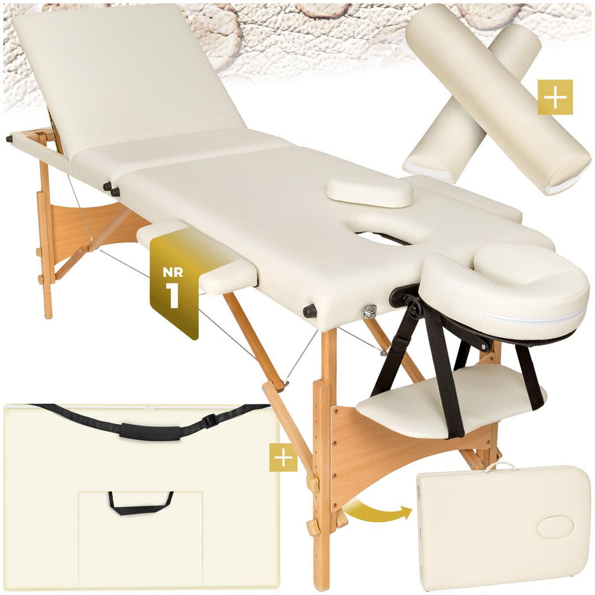 MASSAGELIEGE-SET 3 Zonen Daniel, 210 x 95 x 84 cm, beige - Beige, Holz (95/84/210cm) - tectake
