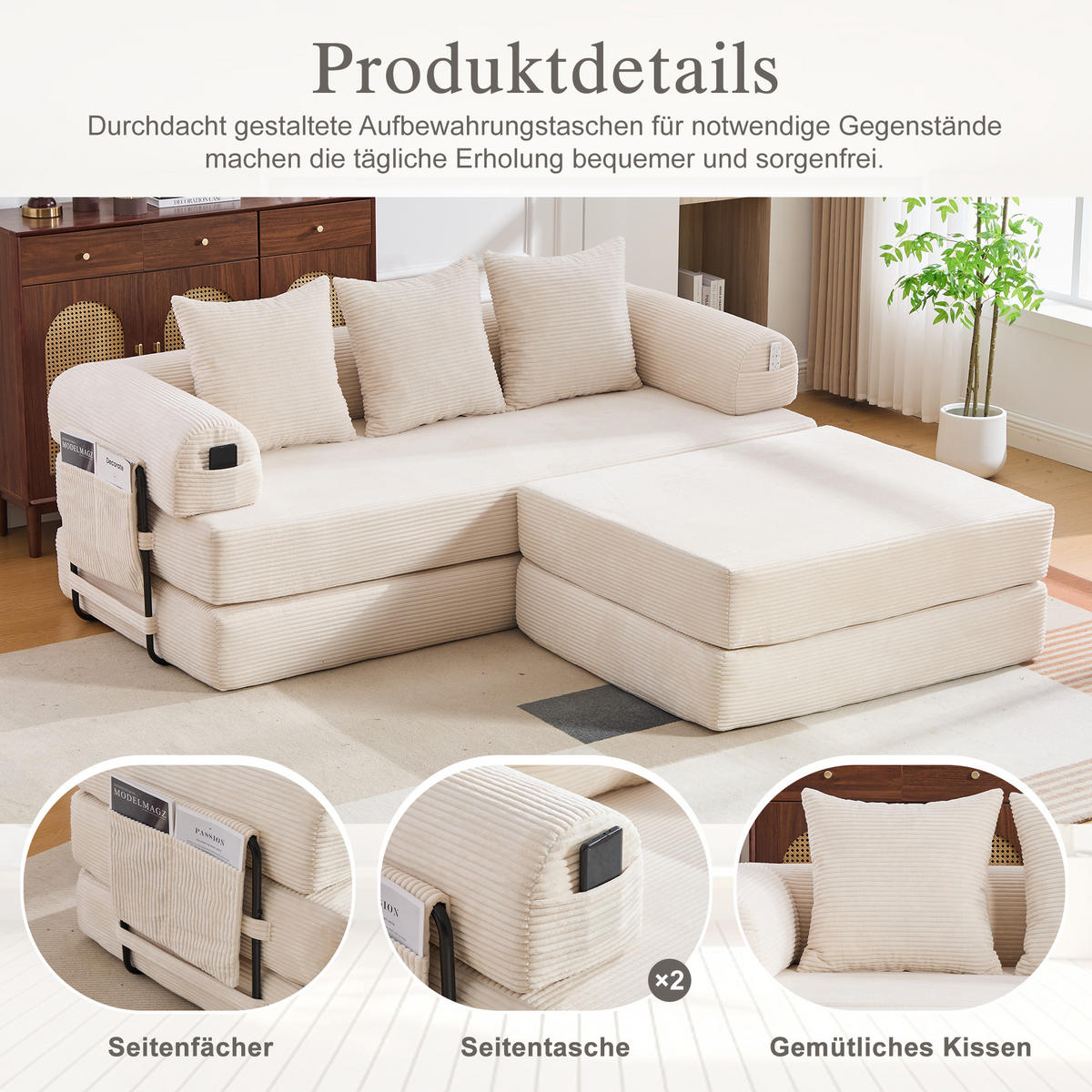 ECKSOFA Cord Beige mit Hocker und Kissen - Beige, Textil/Metall (218/285cm) - WISHDOR