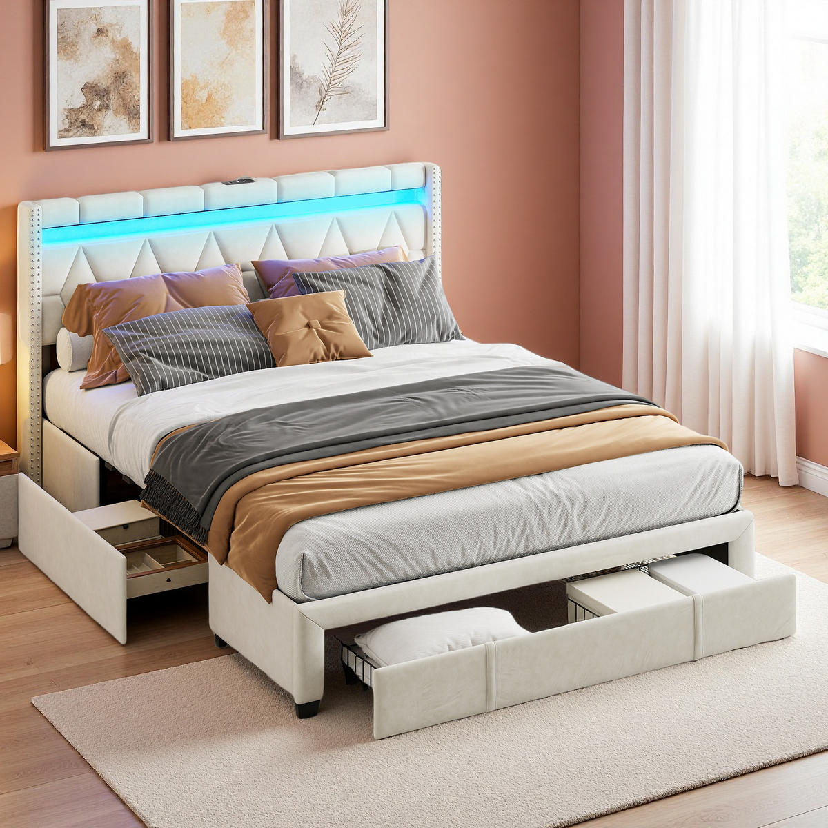 KLÄDD säng 160x200 cm beige tyg LED USB 4 lådor - Beige, Trä (160/200cm) - SHOPENTRA