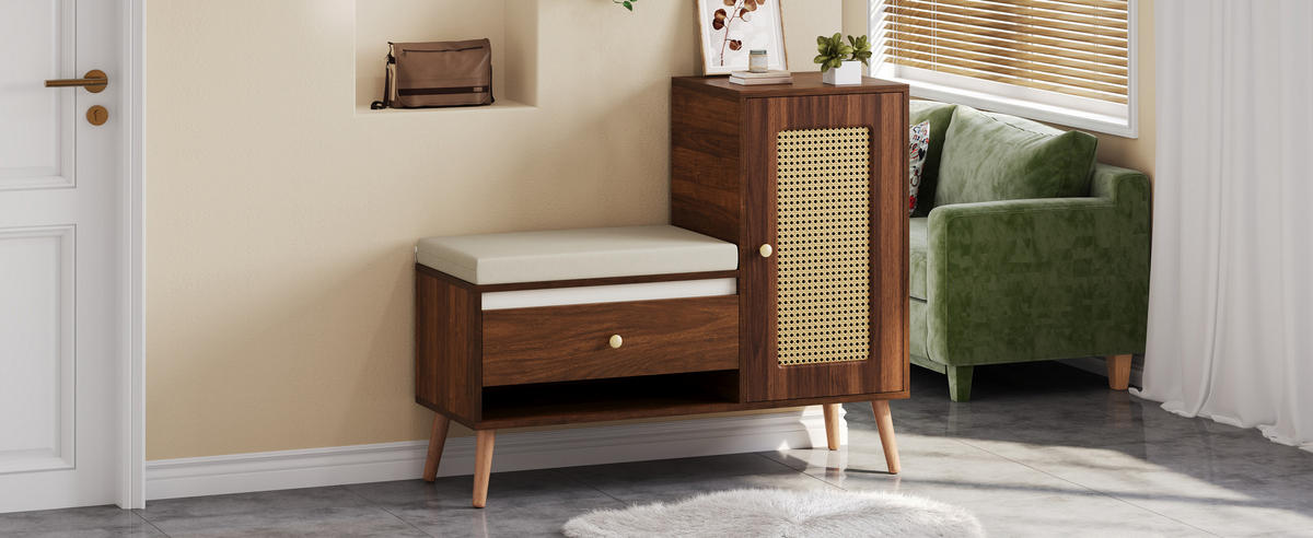 SCHUHSCHRANK Rattan Bank Schubladen Sitz - Nussbaumfarben, Holz (95.5/80.5/35cm) - LEBENLANG