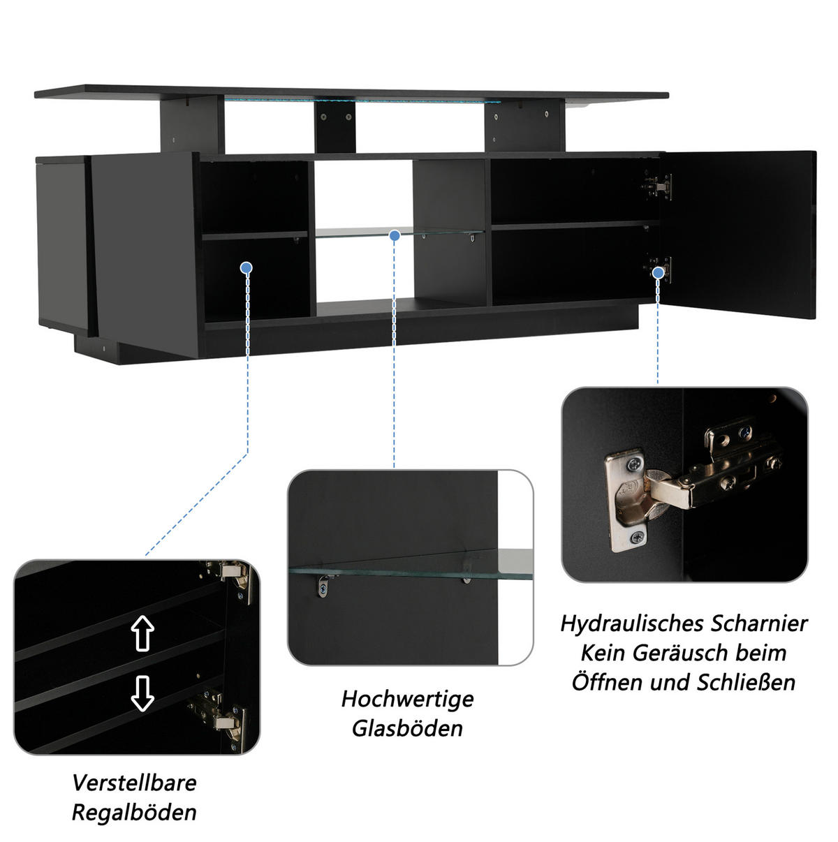 TV-SCHRANK aus Spanplatte 140x35x55 cm Schwarz mit LED-Beleuchtung, 2 Hochglanz-Türen und 5 offenen Fächern - Schwarz, Holzwerkstoff (140/55/35cm) - Modfu
