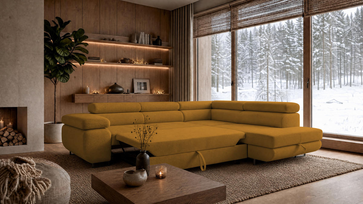 ECKSOFA Velmo mit Bettkasten und Schlaffunktion, verstellbaren Kopfstützen, in L-Form - Goldfarben, Textil (275/203cm)
