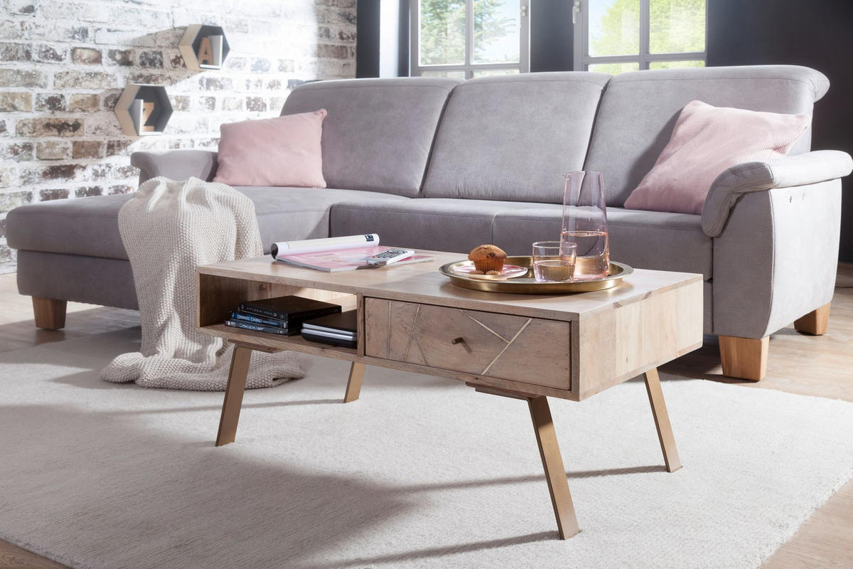 COUCHTISCH in Rustikalem Landhausstil, Massives Mangoholz und Metall, Maße 95x42x50 cm - Beige/Braun, Holz/Metall (50/95/42cm) - KADIMA DESIGN