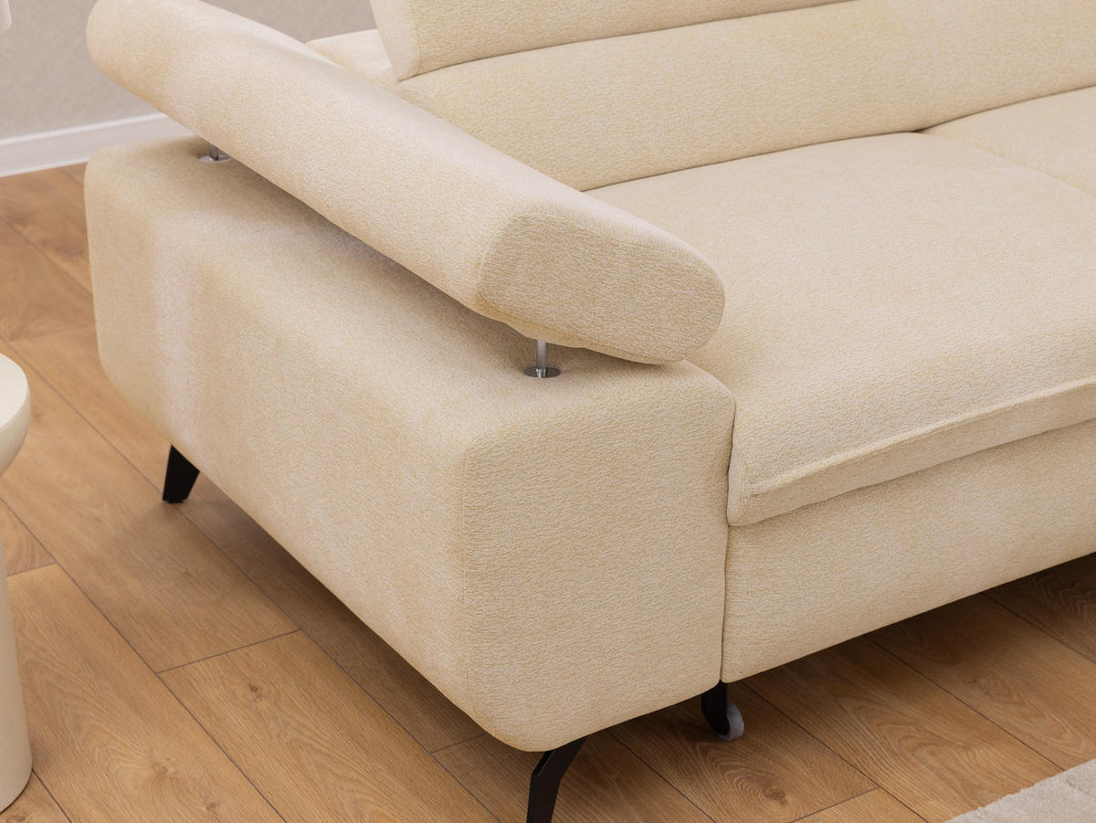 ECKSOFA mit Schlaffunktion und Bettkasten Bonnie aus Creme Chenille-Stoff mit verstellbaren Kopfstützen und Armlehne - Ottomane rechts - Creme/Schwarz, Holz/Textil (275/210cm) - S-Style Möbel