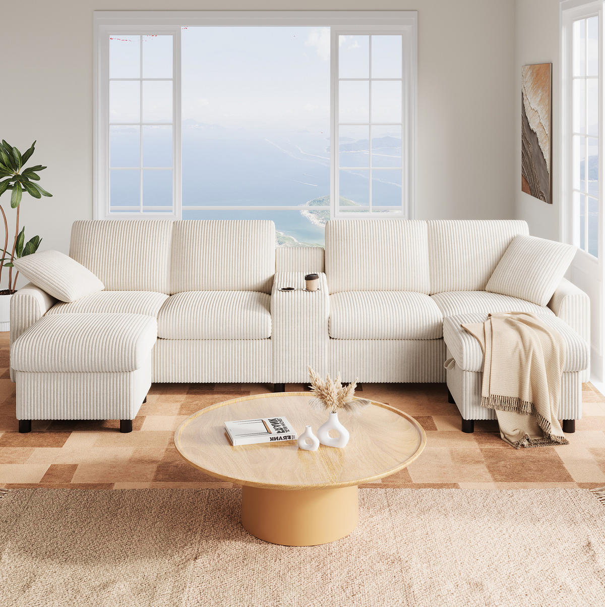 WOHNLANDSCHAFT 315/135/81 cm in Beige aus Cord mit Stauraum und Ladefunktion - Beige, Textil (315/81/135cm) - Flora Grace
