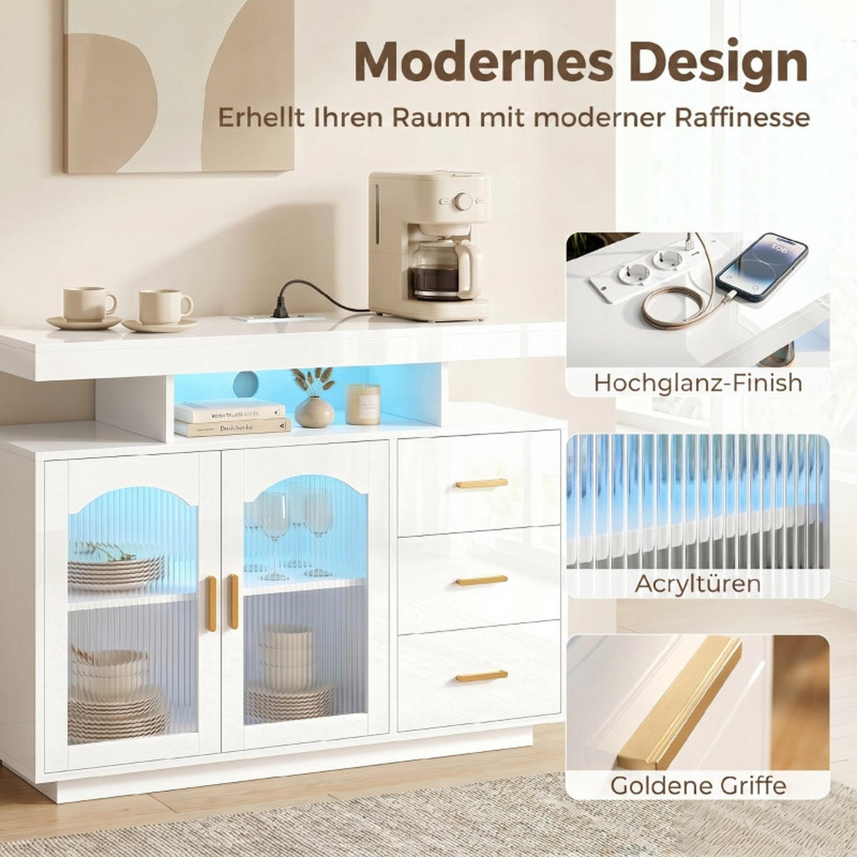 SIDEBOARD DE-38799 150 cm LED-Beleuchtung und 3 Schubladen Hochglanz Weiß/Gold - Weiß, Holzwerkstoff (100/80/35cm) - ComfortXL