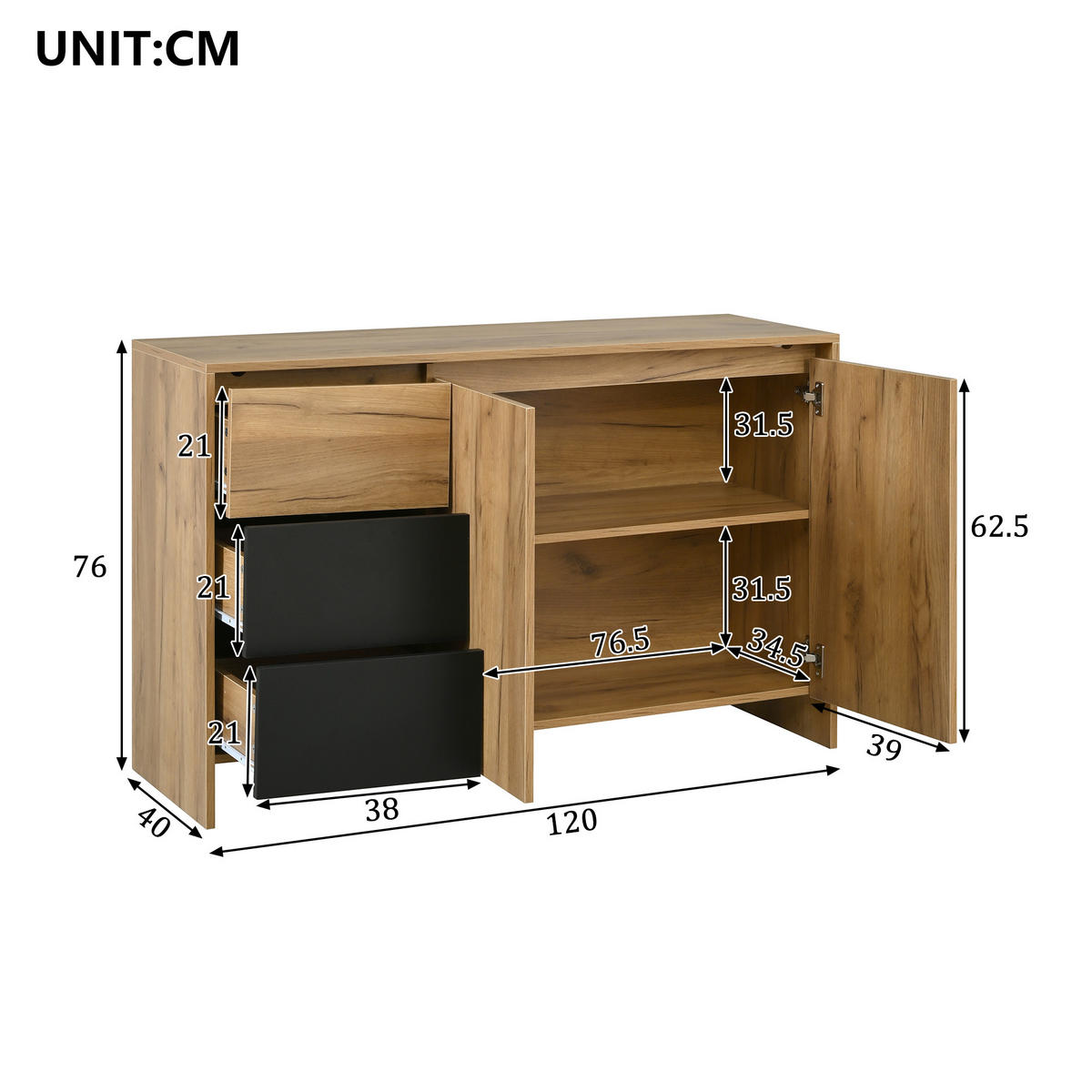 SIDEBOARD holzoptik & schwarz mit 3 schubladen, 2 türen & led-beleuchtung - Naturfarben, Holzwerkstoff (120/76/40cm) - Urban Meuble