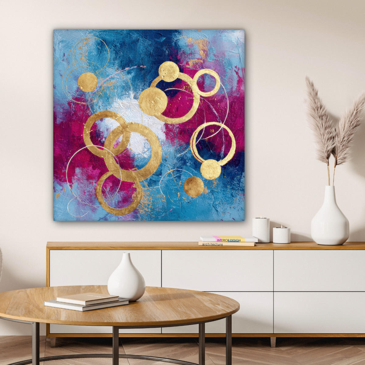 LEINWANDBILD Kreise - Gold - Abstrakt Deko Groß 90x90 cm - Blau, Textil (90/90cm) - MuchoWow