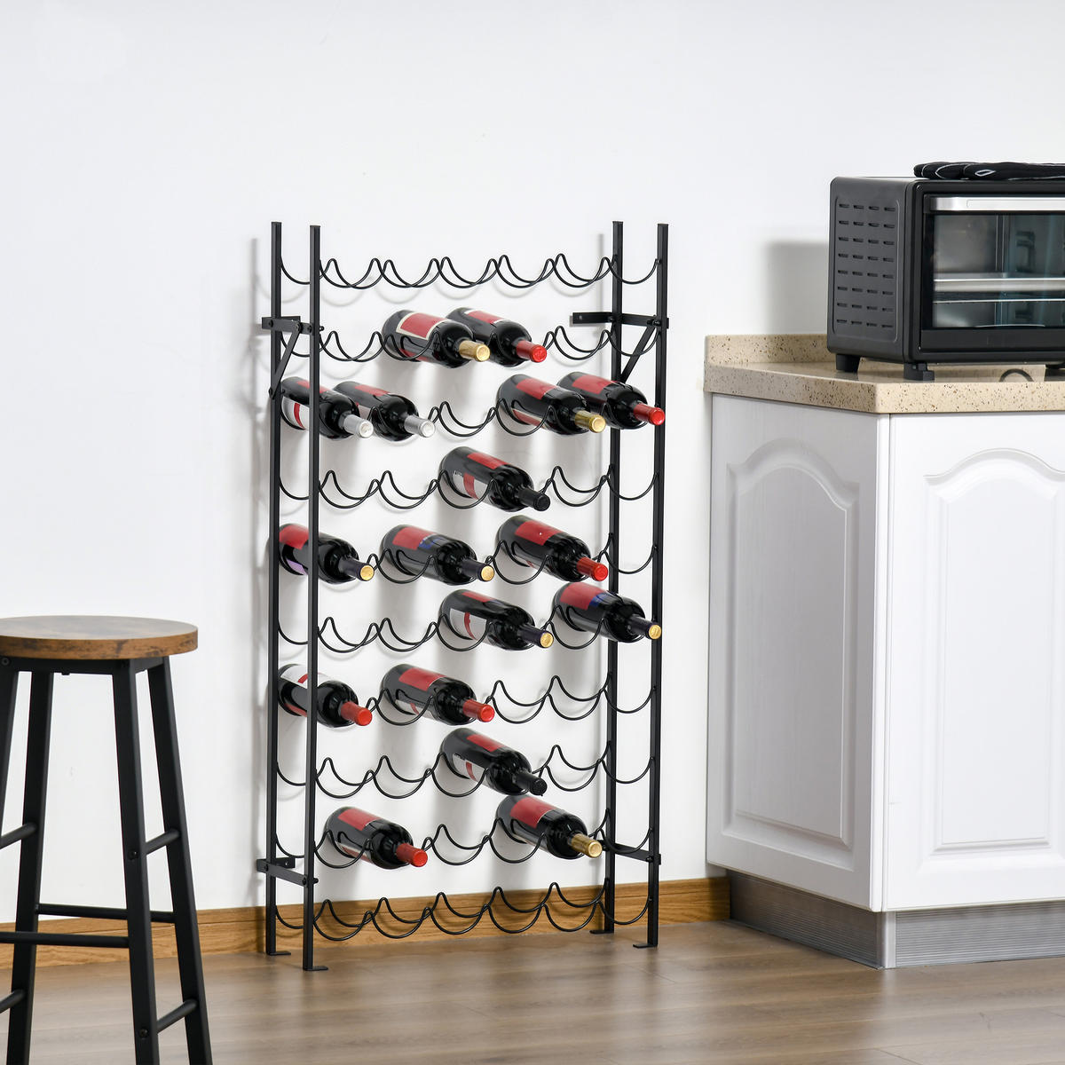 WEINREGAL Weinständer Flaschenregal 60 Flaschen Wandbefestigung Metall Schwarz - Schwarz, Metall (205/118/63cm) - HOMCOM