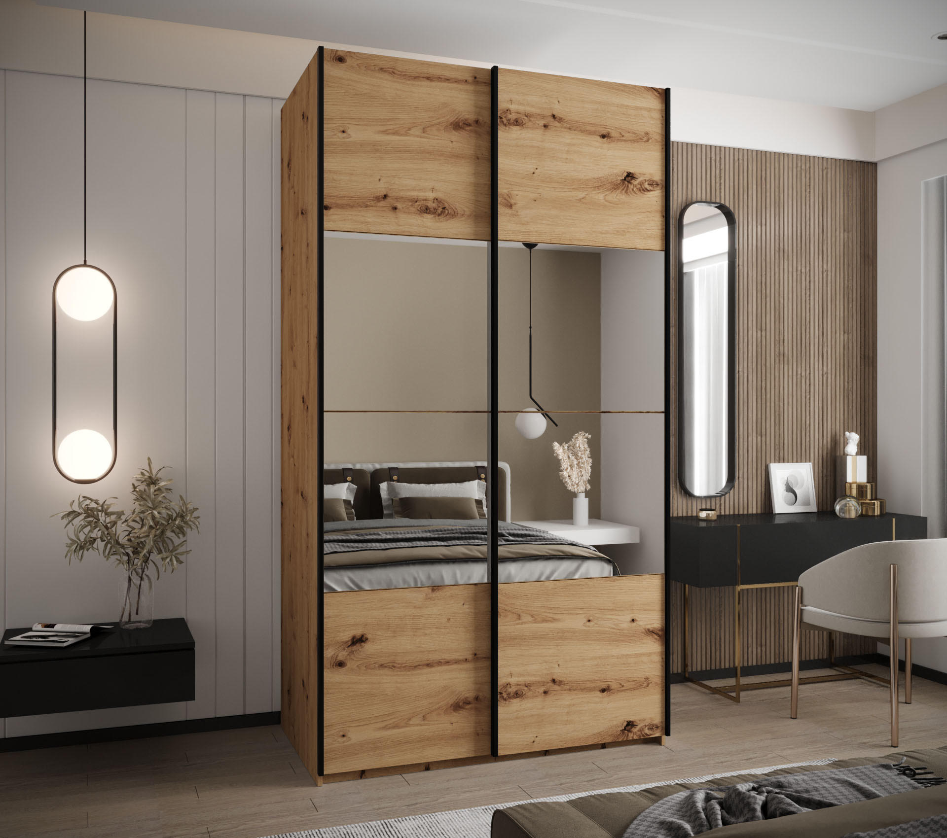 SCHWEBETÜRENSCHRANK 245,5/140/64 2-türig - Schwarz/Eiche Artisan, Holz/Metall (140/245/64cm) - Abiks Möbel