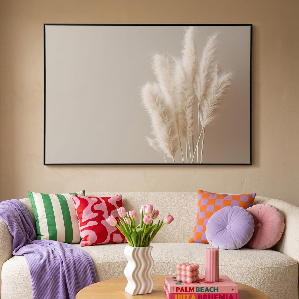 LEINWAND Bilder mit Rahmen - Pampasgras - Federn - Pastell - Weiß - 140x90 - Naturfarben, Textil (140/90cm) - MuchoWow
