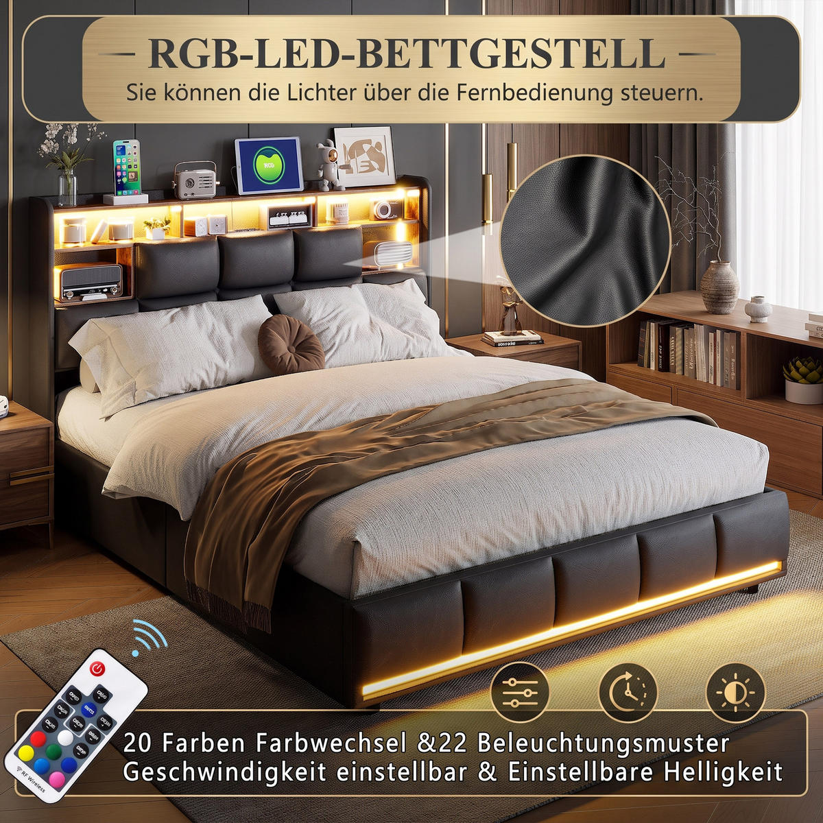 POLSTERBETT 140x200, Doppelbett mit Bettkasten, LED und USB, hydraulischer Stauraum, PU Schwarz - Schwarz, Leder/Holz (140/200cm) - GENKI LIVING