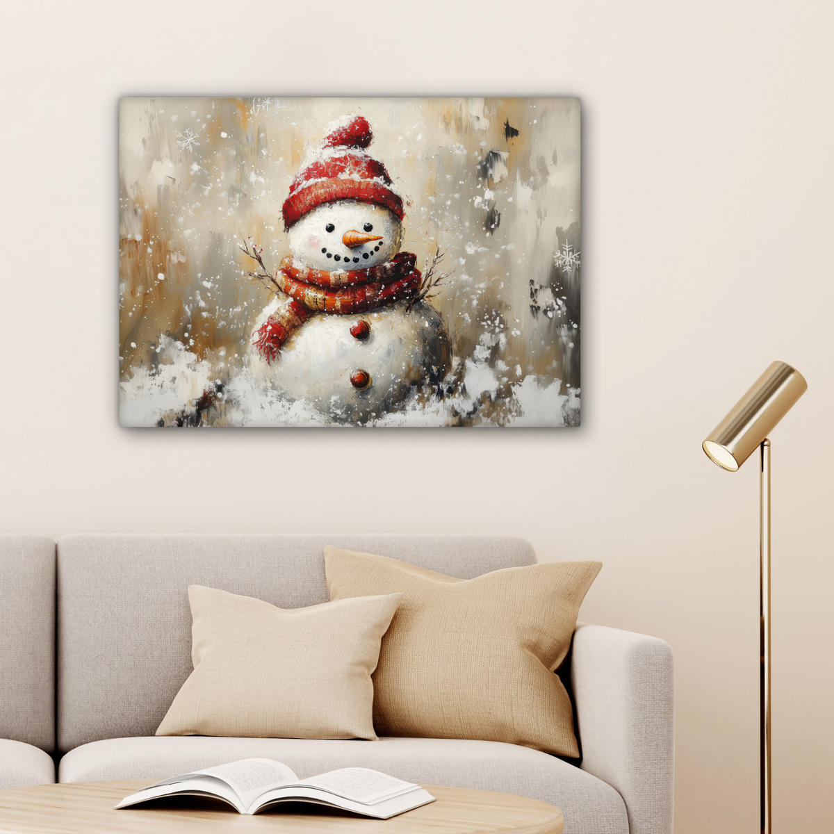 LEINWANDBILD Schneemann - Winter - Schnee - Beige Wandbilder 80x60 cm - Weiß, Textil (80/60cm) - MuchoWow