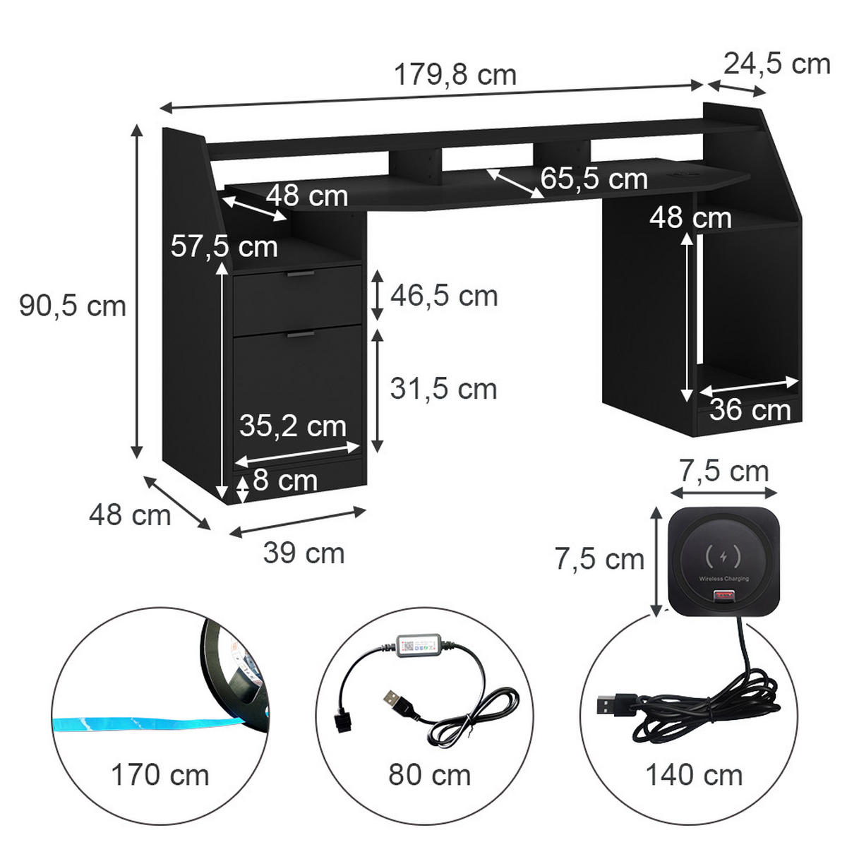 GAMING TISCH Sonic Schwarz 179.8 x 65.5 cm mit LED-Beleuchtung und QI- Ladestation - Schwarz, Holzwerkstoff (65.5/179/90.5cm) - Vicco