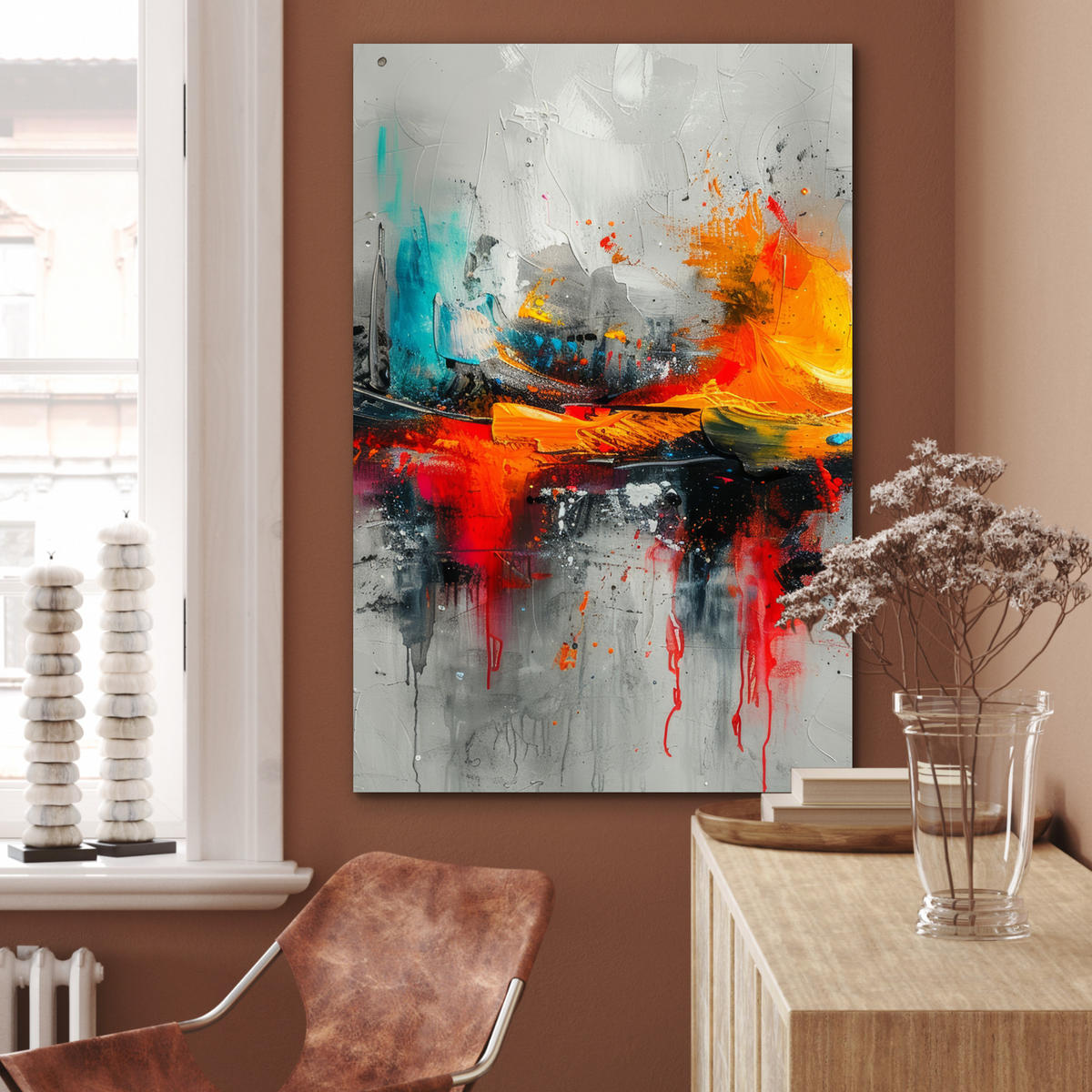 METALLBILD Moderne Kunst - Orange - Grau - Abstrakt 60x90 cm - Hellgrau, Metall (60/90cm) - MuchoWow