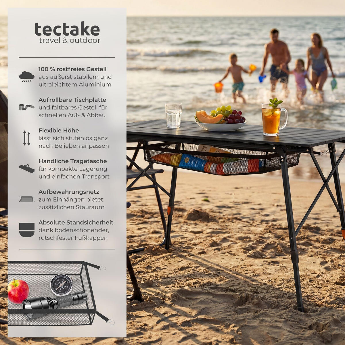 CAMPINGTISCH Tina,90 x 52 x 47 - 70 cm,schwarz - Schwarz, Metall (90/52/70cm) - tectake