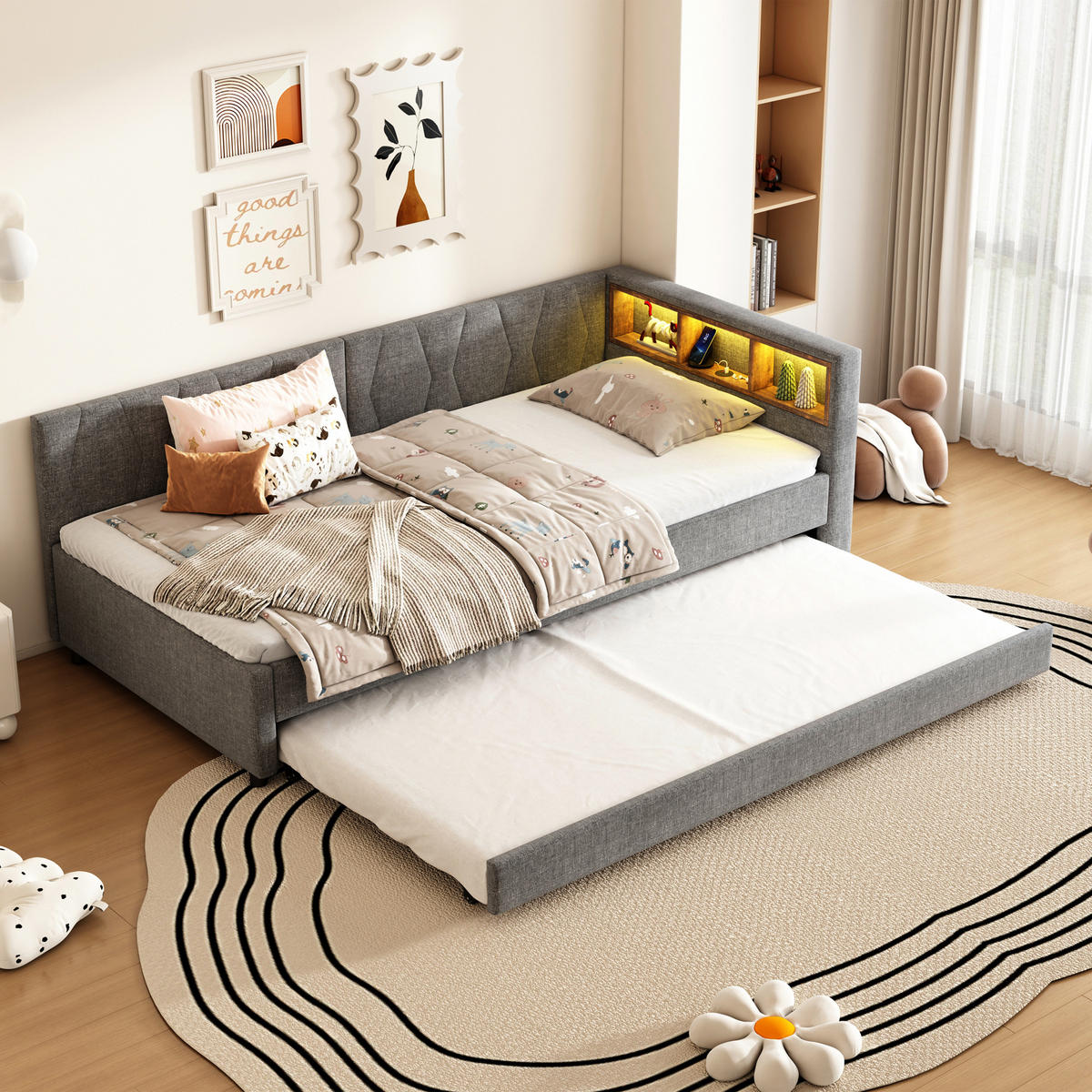 DAYBETT 90/200 cm Grau mit Ablagefach und LED-Beleuchtung aus Leinen - Grau, Textil (90/200cm) - OKWISH