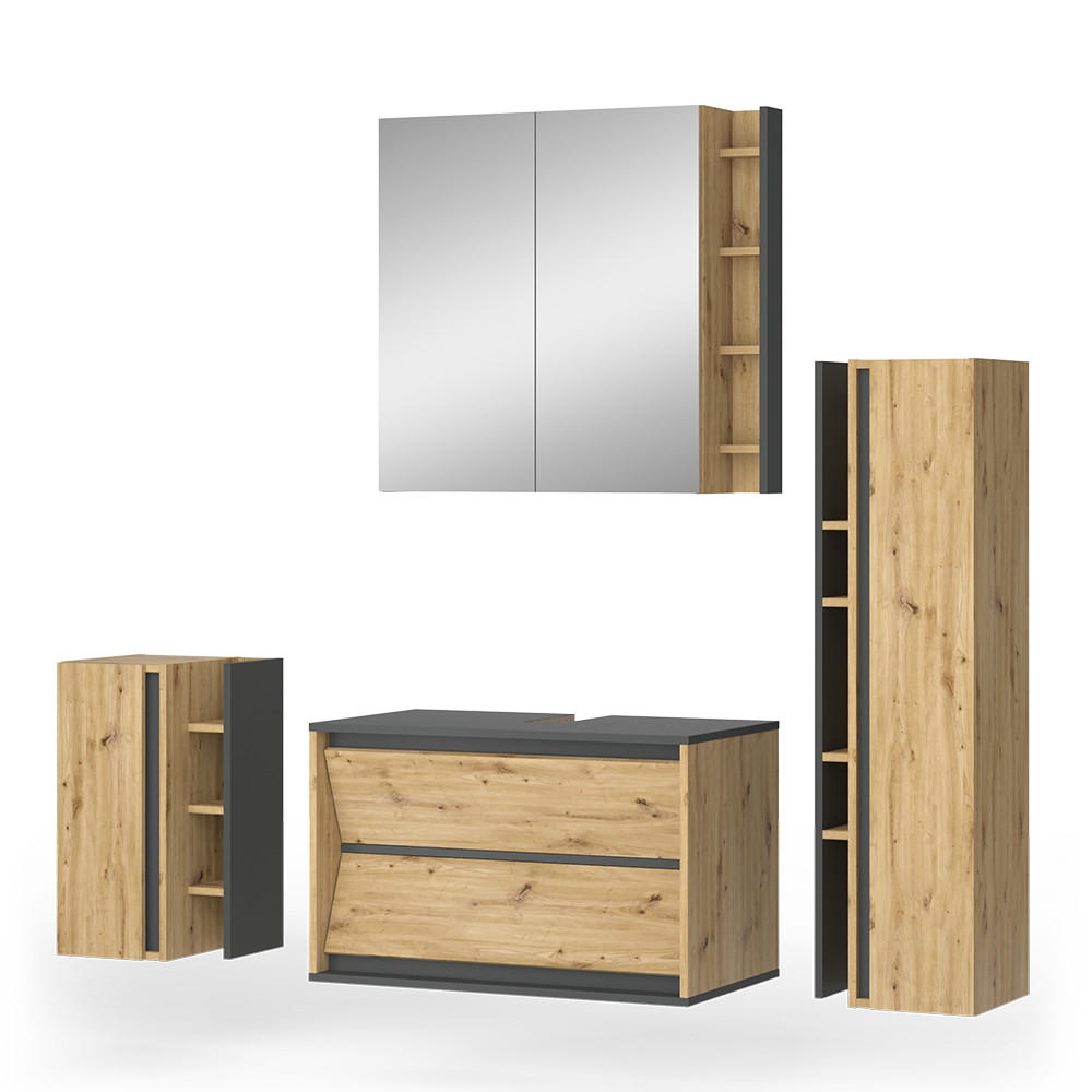 BADMÖBEL-SET Edelin, Anthrazit/Artisan-Eiche, 4-teilig - Anthrazit/Eiche Artisan, Holzwerkstoff (80/50/45cm) - Vicco