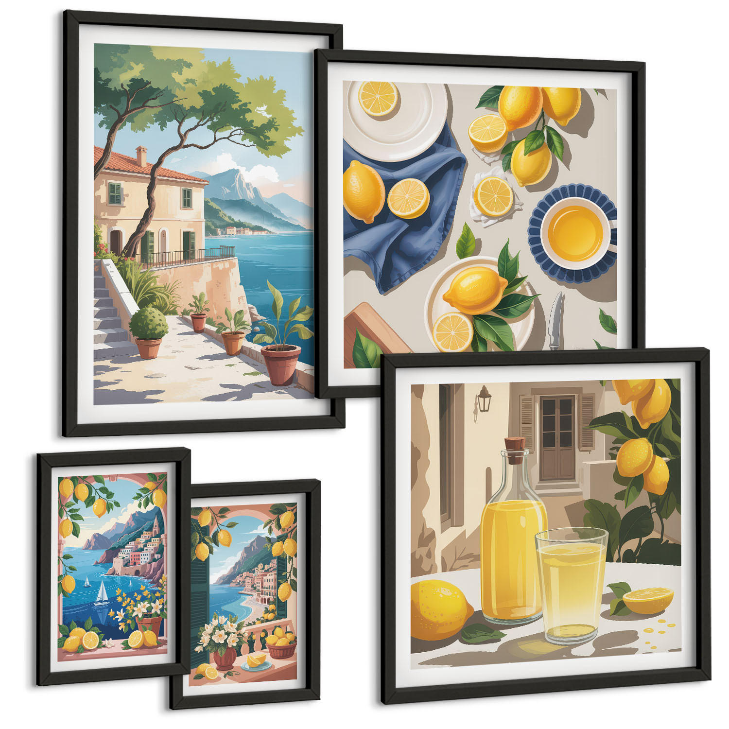 BILDER SET 5er Set - 50x50 cm & 20x30 cm & 40x60 cm Schwarzer Rahmen - Olivenblüten in Vasen Natur - Schwarz, Kunststoff (40/60cm) - TULUP