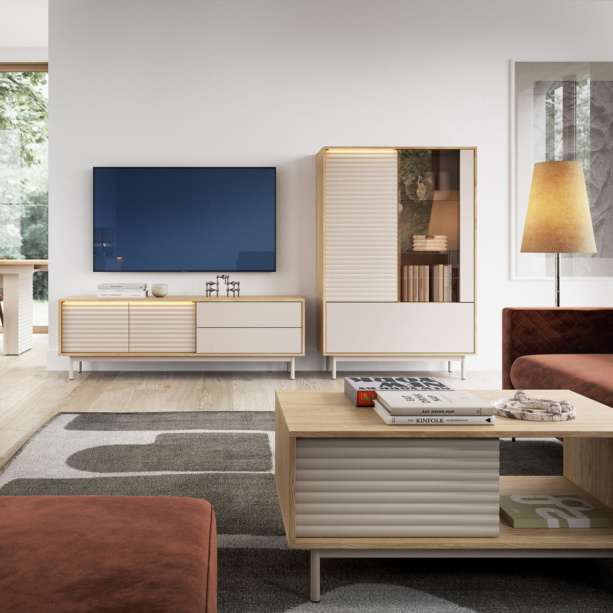 KOMMODE Terra mit 4 Türen und LED-Beleuchtung, Kaschmir/geölte Eiche - Kaschmir, Holzwerkstoff/Metall (184/77/40cm) - Beautysofa