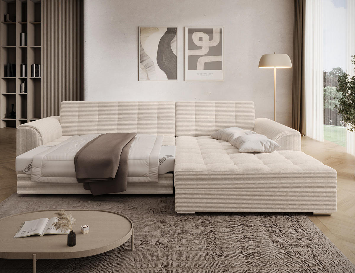 ECKSOFA SORENTO mit Schlaffunktion & Delfin-Mechanismus – Wohnlandschaft in L-Form 296 cm - Beige, Kunststoff (296/78cm) - Wohnideebilder