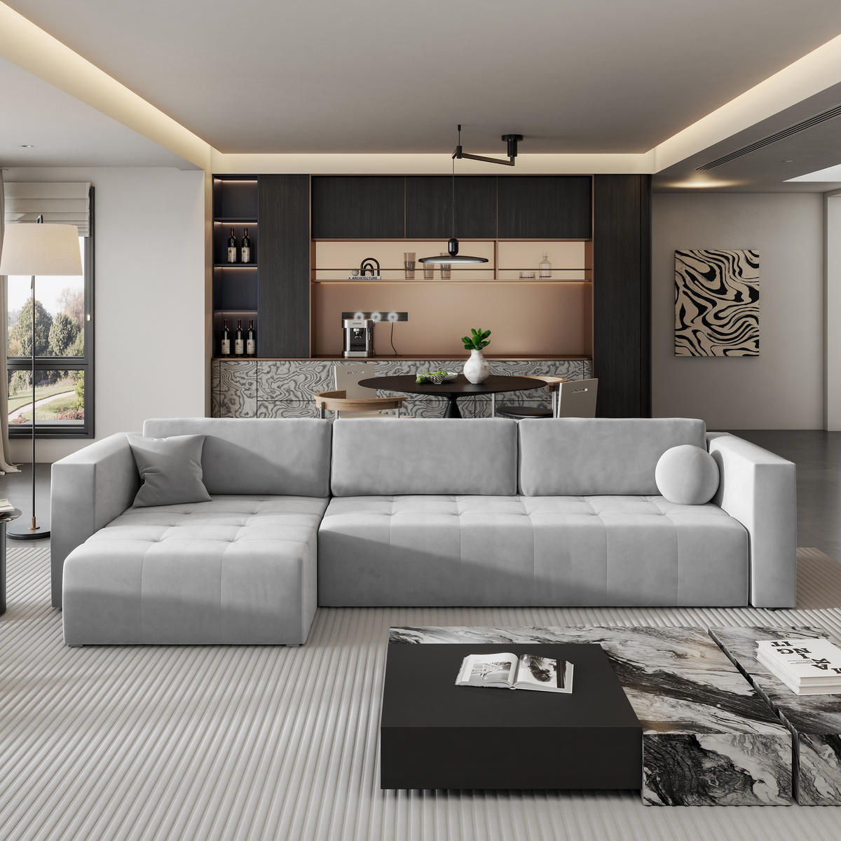 ECKSOFA OLVERA Hellgrau Plüsch-Stoff mit Schlaffunktion - Hellgrau, Holz (347/148cm) - MASSENO