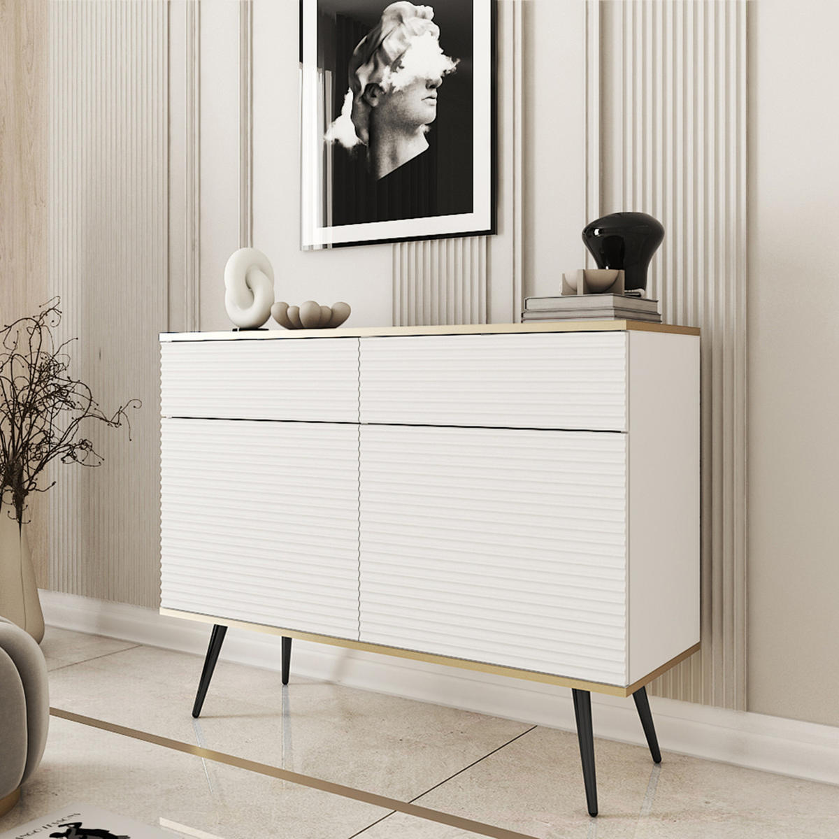 KOMMODE FORNO (Weiß, Rillenfront, Goldene Details, 2 Türen, 2 Schubladen, schwarze Metallfüße, 107 cm) - Schwarz/Weiß, Holz/Holzwerkstoff (107/85/39cm) - Ravio