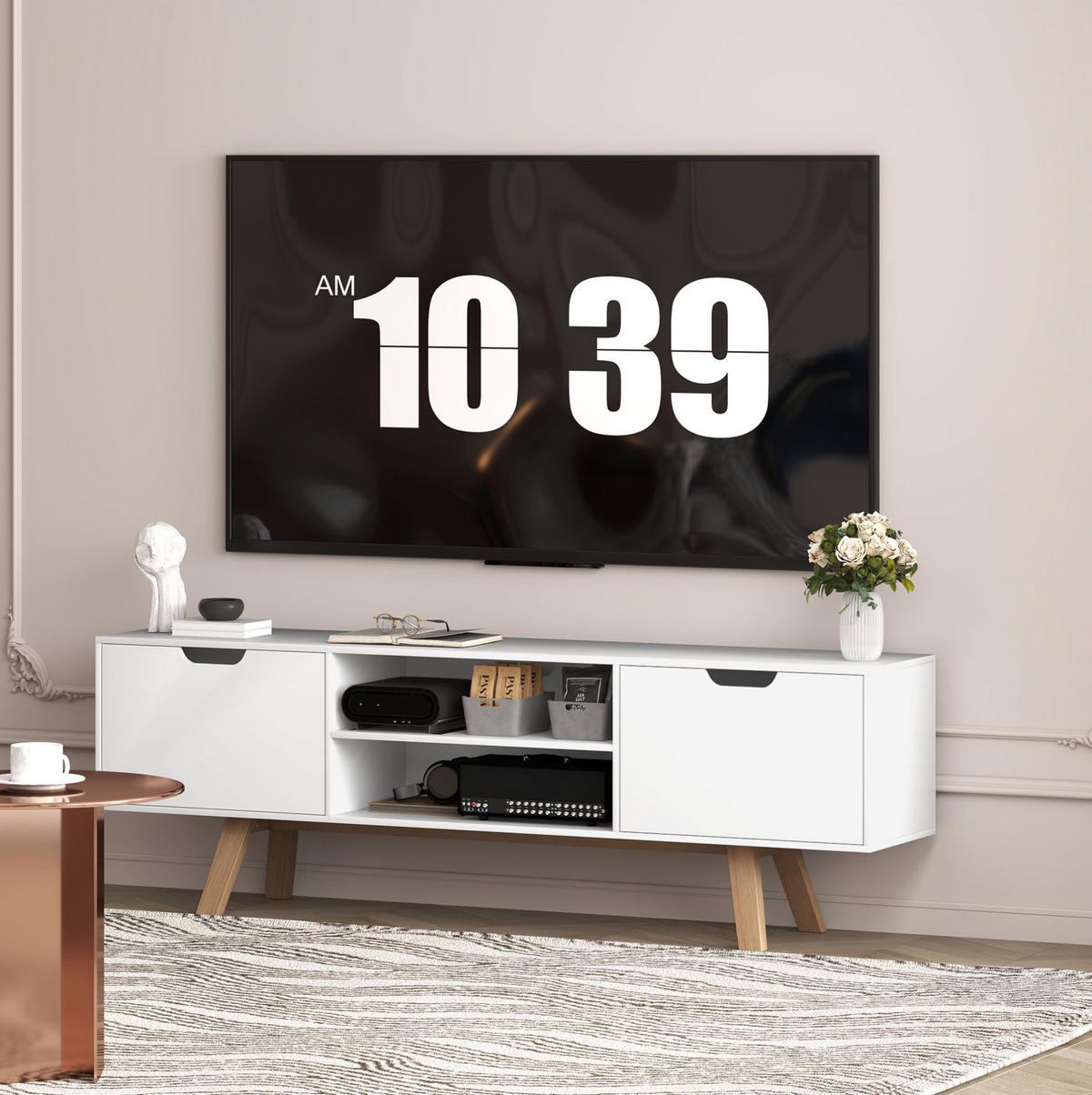 TV-SCHRANK aus Spanplatte 150x39x50 cm Weiß mit Kabelführung, 2 Schränken und offenen Regalfächern - Weiß, Holzwerkstoff (150/50/39cm) - Modfu