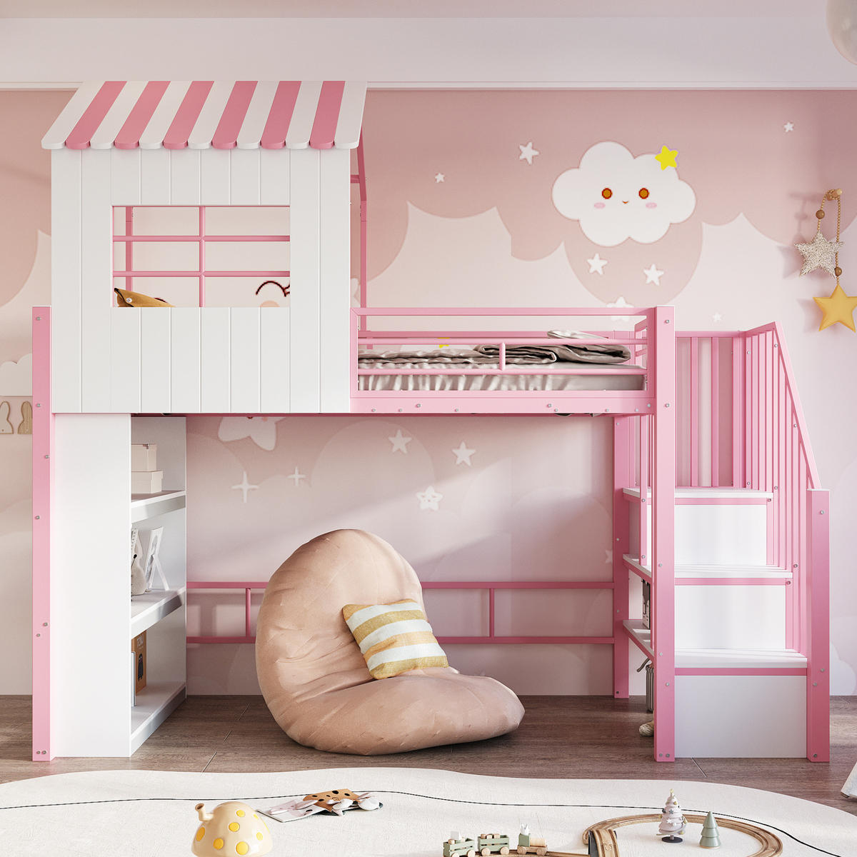 HOCHBETT 90/200 cm aus Metall und MDF mit Stauraumtreppe, Regal und Freiraum unter dem Bett, Rosa/Weiß - Rosa, Metall (90/200cm) - Redom