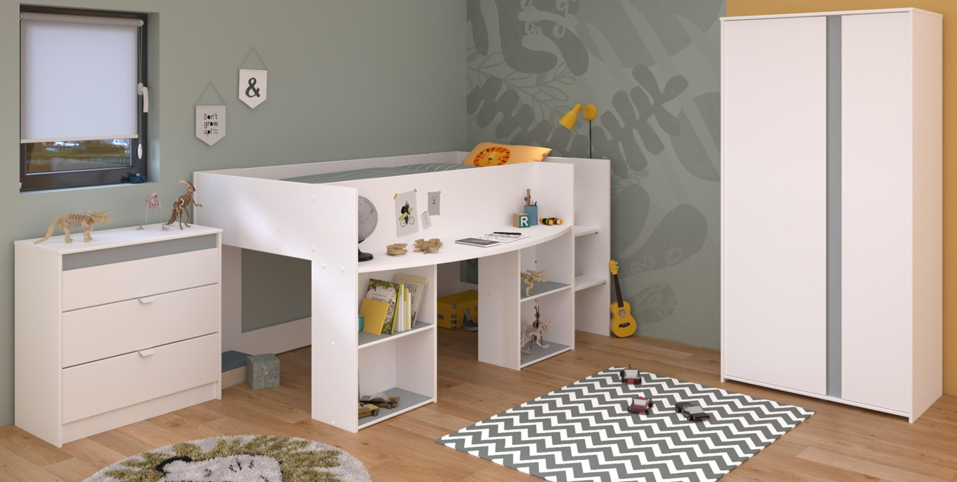 KINDERZIMMER Set 3-tlg. mit Hochbett Kleiderschrank Kommode Bett 90x200 - Weiß/Rosa, Holz/Holzwerkstoff (205/182/132cm) - Parisot Meuble