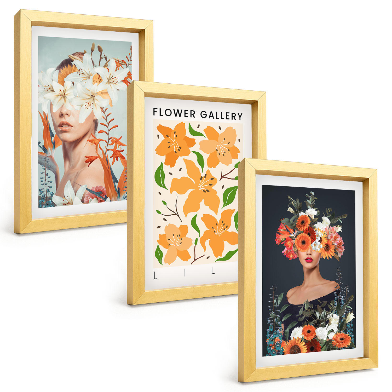 BILDER SET 3er Set - 20x30 cm Goldrahmen - Blumenporträts mit Blumensträußen - Goldfarben, Kunststoff (20/30cm) - TULUP