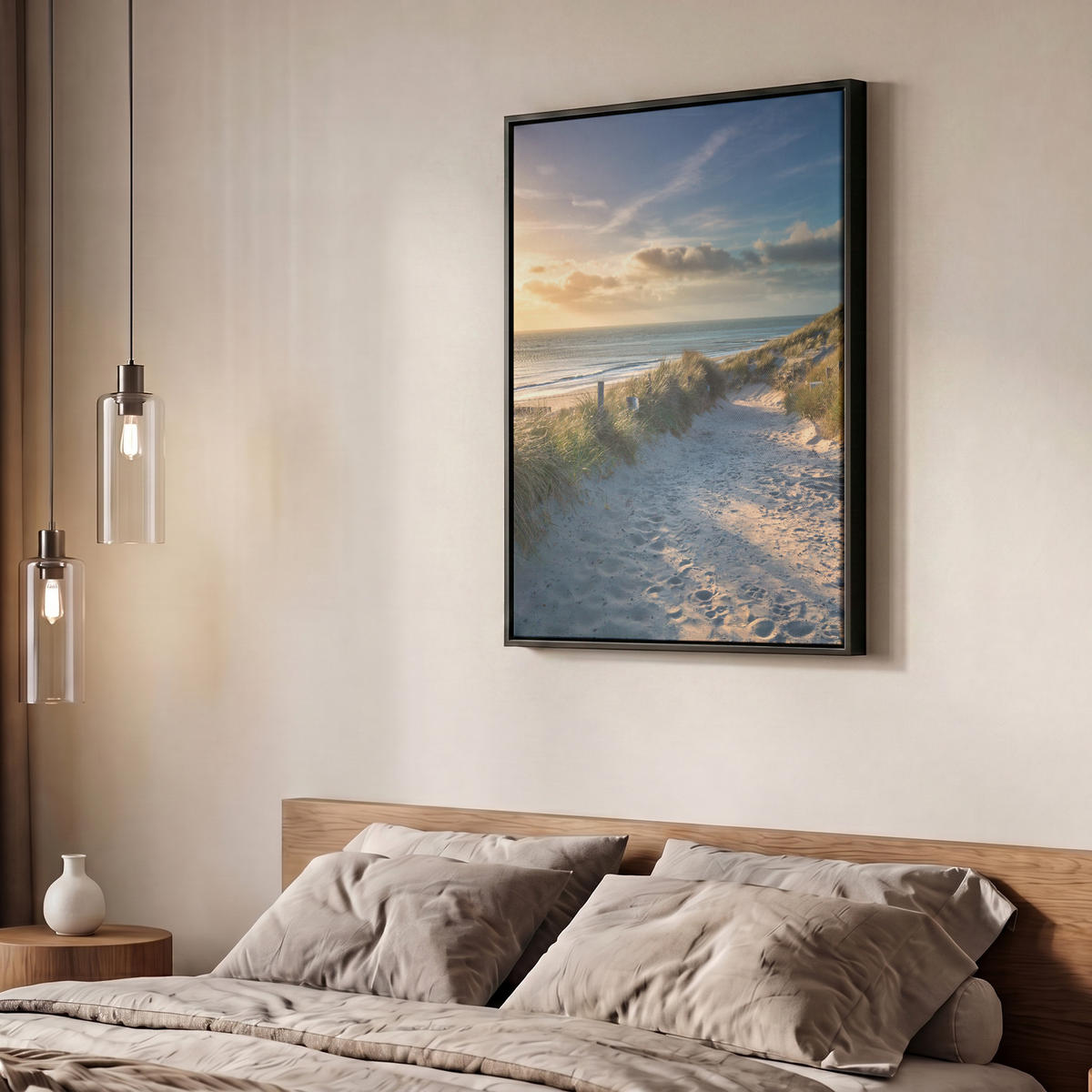 LEINWAND Bilder mit Rahmen - Sonnenuntergang - Strand - Düne - Gras - Ufer - 50x70 - Sandfarben, Textil (50/70cm) - MuchoWow
