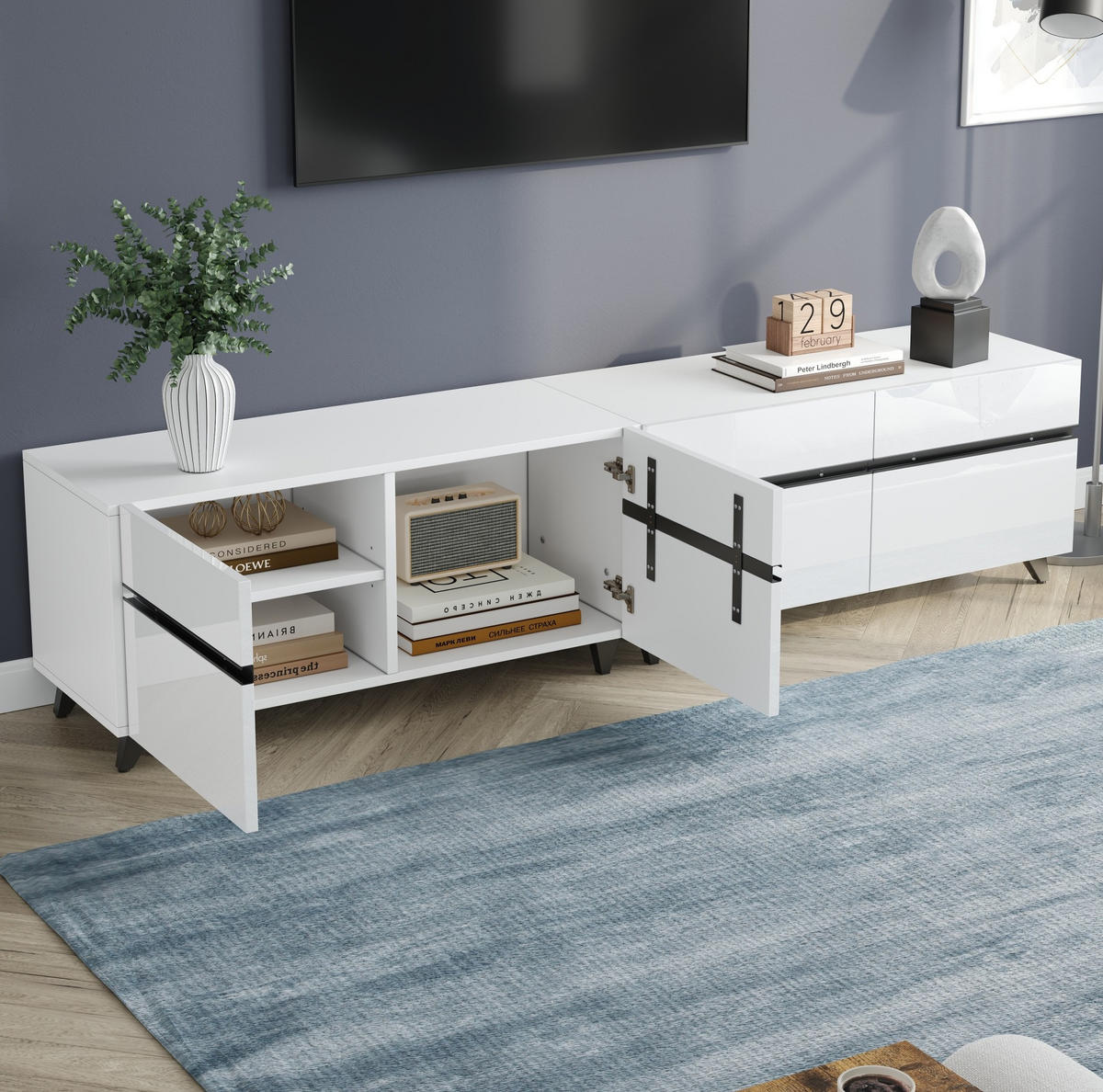 TV-LOWBOARD aus MDF 180x40x49 cm Weiß mit 4 Schränken, verstellbaren Einlegeböden und Hochglanzfront - Weiß, Holzwerkstoff (180/49/40cm) - Modfu