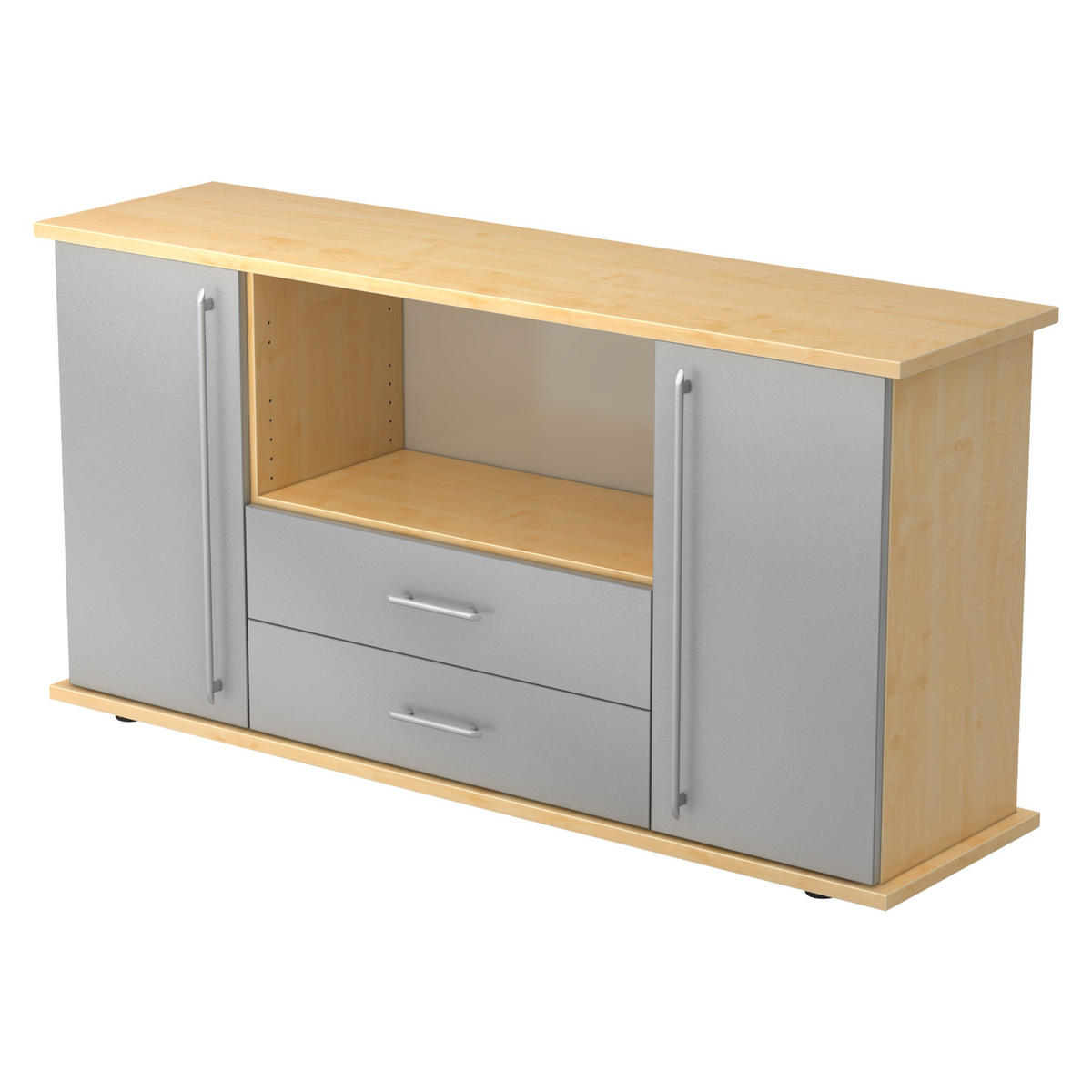 SIDEBOARD mit 2 Schübe & 2 Türen 44,8/166,1/84 cm in Ahornfarben/Silberfarben Relinggriff (Kunststoff) - Silberfarben/Ahornfarben, Holzwerkstoff (166.1/84/44.8cm) - bümö