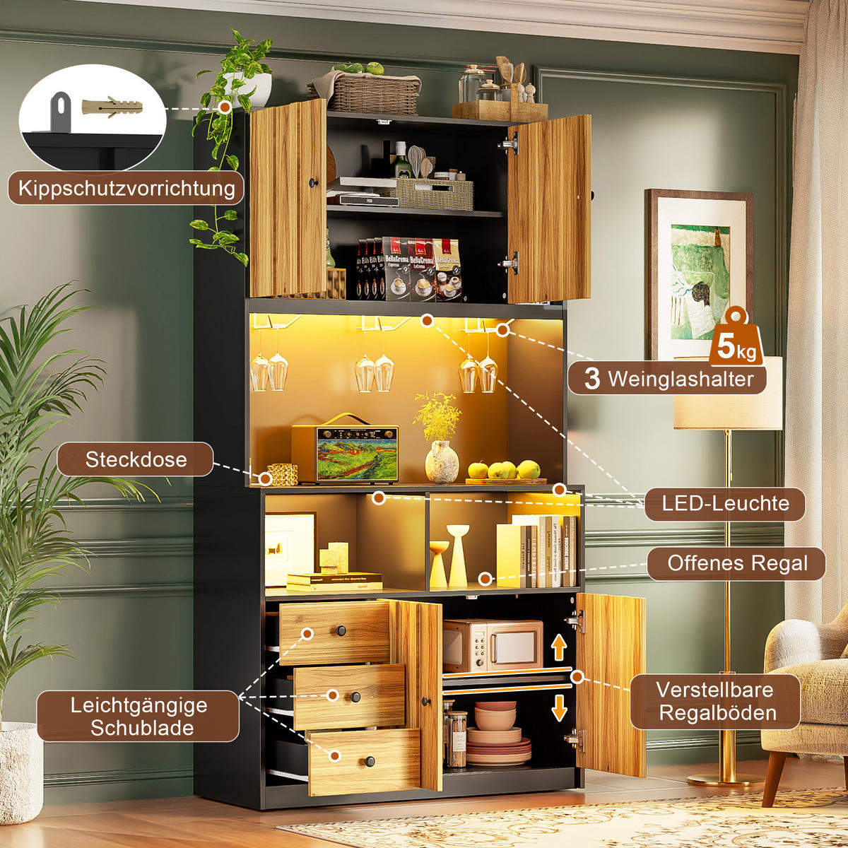 BUFFET DE-38715 100/40/180 cm LED-Beleuchtung und 3 Weinglashalter Natur - Naturfarben, Holzwerkstoff (100/180/40cm) - ComfortXL