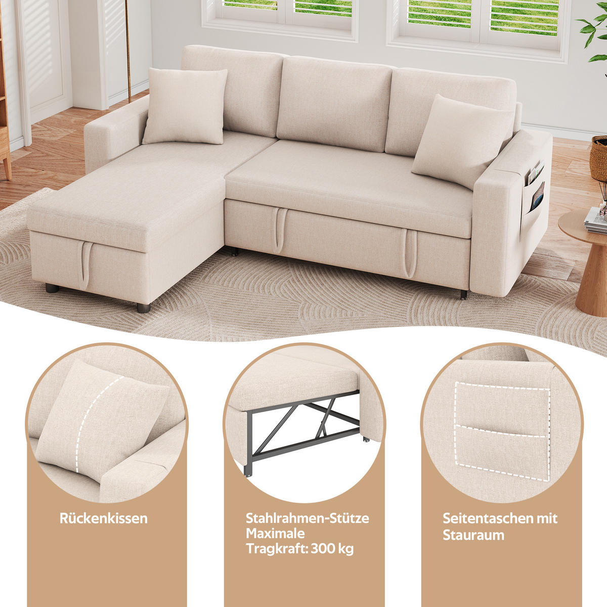 SCHLAFSOFA Leinen mit Stauraum und wechselbarer Chaiselongue Beige 219,5/142,5/83 cm - Beige, Textil (83/219.5/142.5cm) - Redom