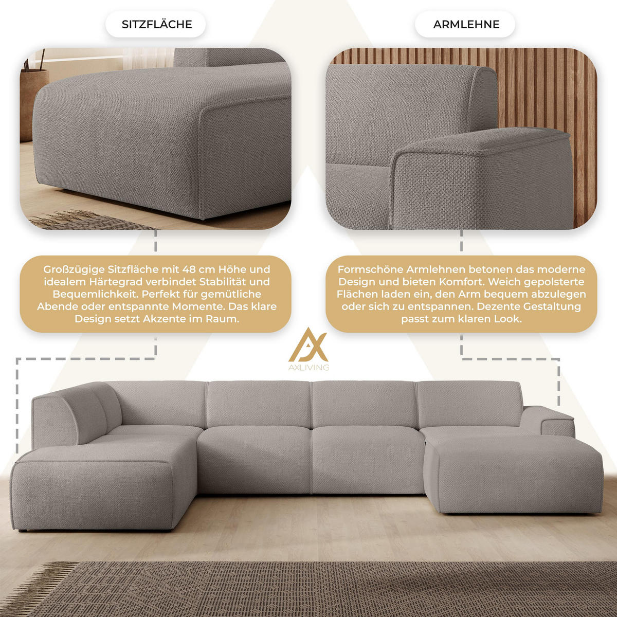 WOHNLANDSCHAFT Didim Beige 378/220/78 cm – großes Sofa stilvoll & bequem L - Beige/Schwarz, Kunststoff/Textil (220/78/378cm) - AX Living