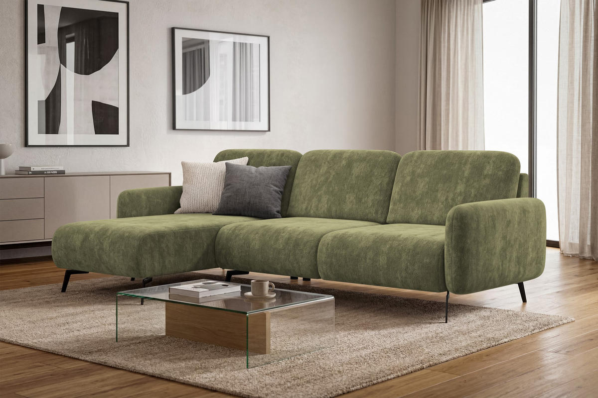 ECKSOFA FEBE 4-Sitzer LINKS, olivgrüner Chenille-Stoff - Schwarz/Olivgrün, Holz/Textil (264/157cm) - Wozimo