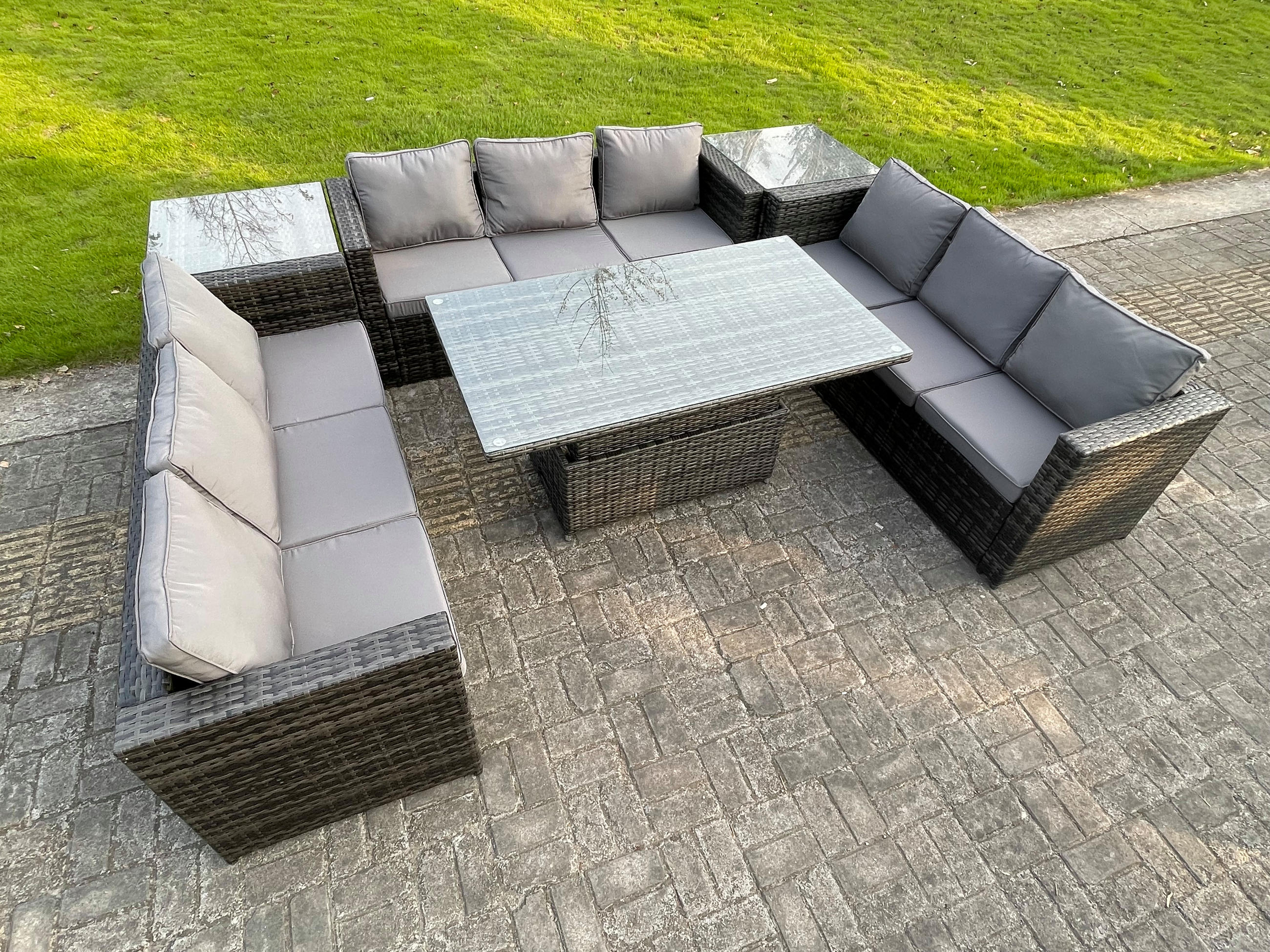 GARTENSET Polyrattan 9-Sitzer - Dunkelgrau/Grau, Glas/Kunststoff - Fimous