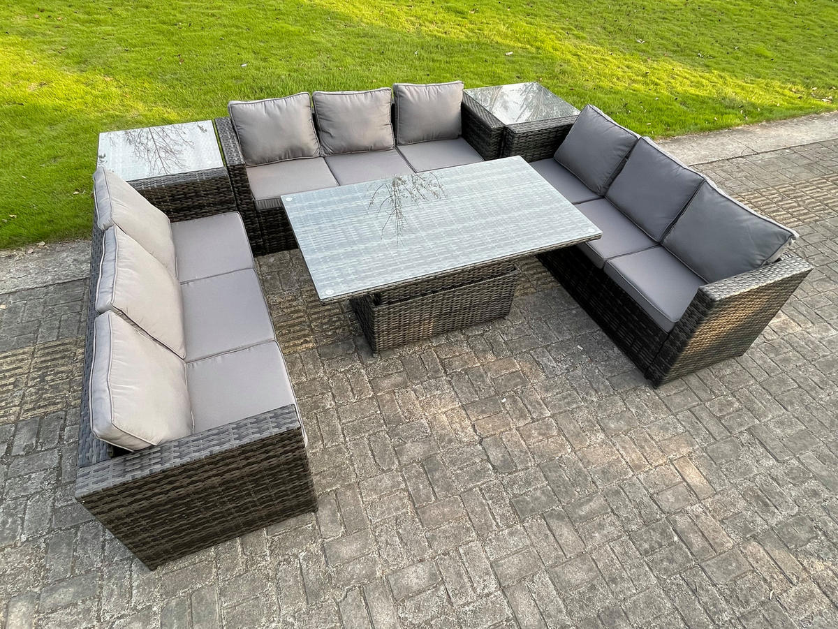 GARTENSET Polyrattan 9-Sitzer - Dunkelgrau/Grau, Glas/Kunststoff - Fimous