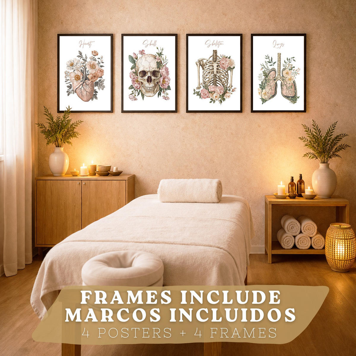 POSTER Set aus 4 Anatomie Mensch Florale Drucke und Wandbilder mit Herz Lungen Skelett und Schädel Stil Wanddekoration Größe Schwarzer Rahmen A3 - Schwarz, Papier (29.7/42/3cm) - Nacnic