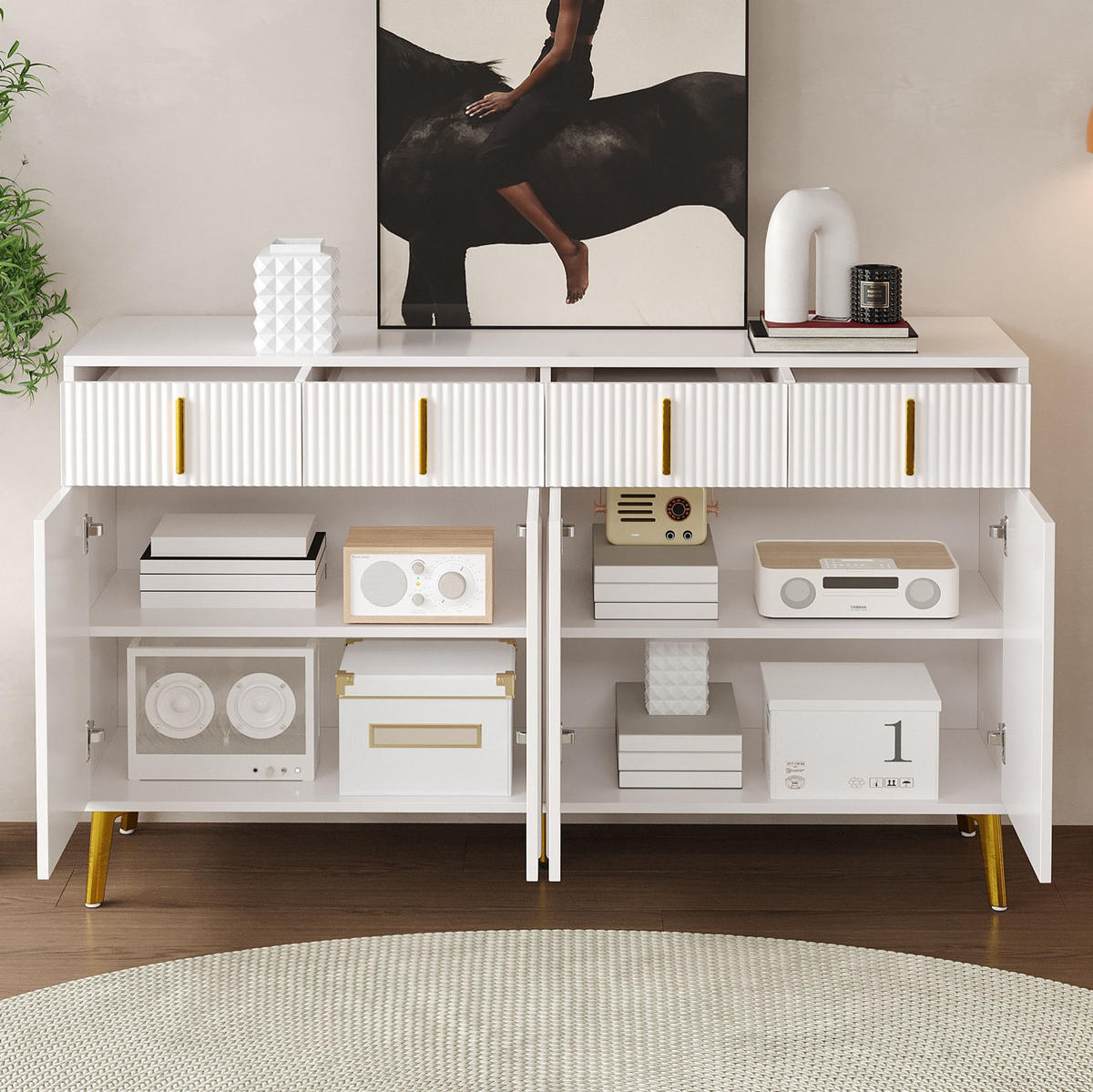 SIDEBOARD 140/38/82 cm Weiß aus MDF mit 4 Türen und 4 Schubladen - Weiß, Holzwerkstoff (140/82/38cm) - OKWISH