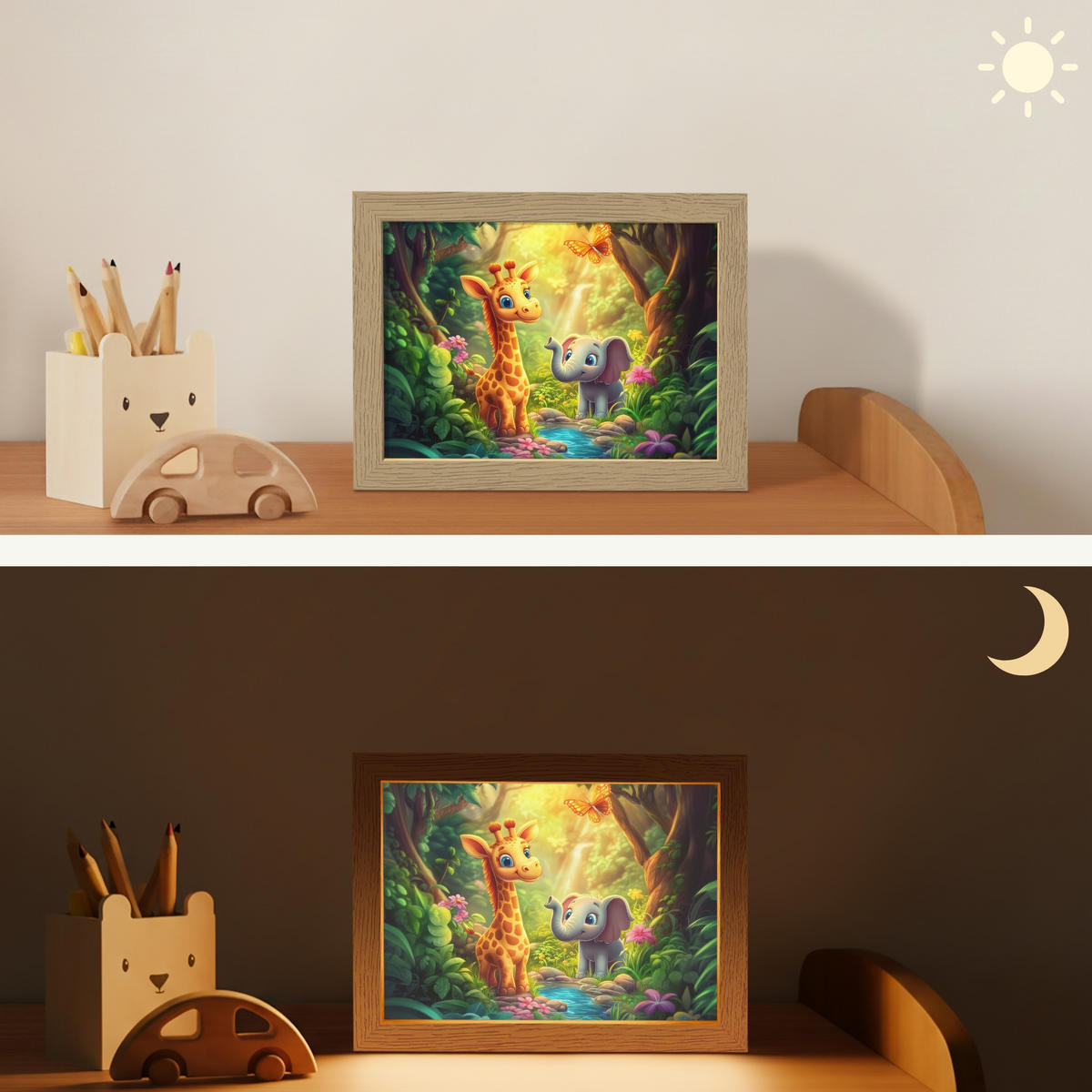 NACHTTISCHLAMPE Giraffe - Elefant - Blumen - Dschungel 20x15 cm - Grün, Holzwerkstoff (8/20/15cm)