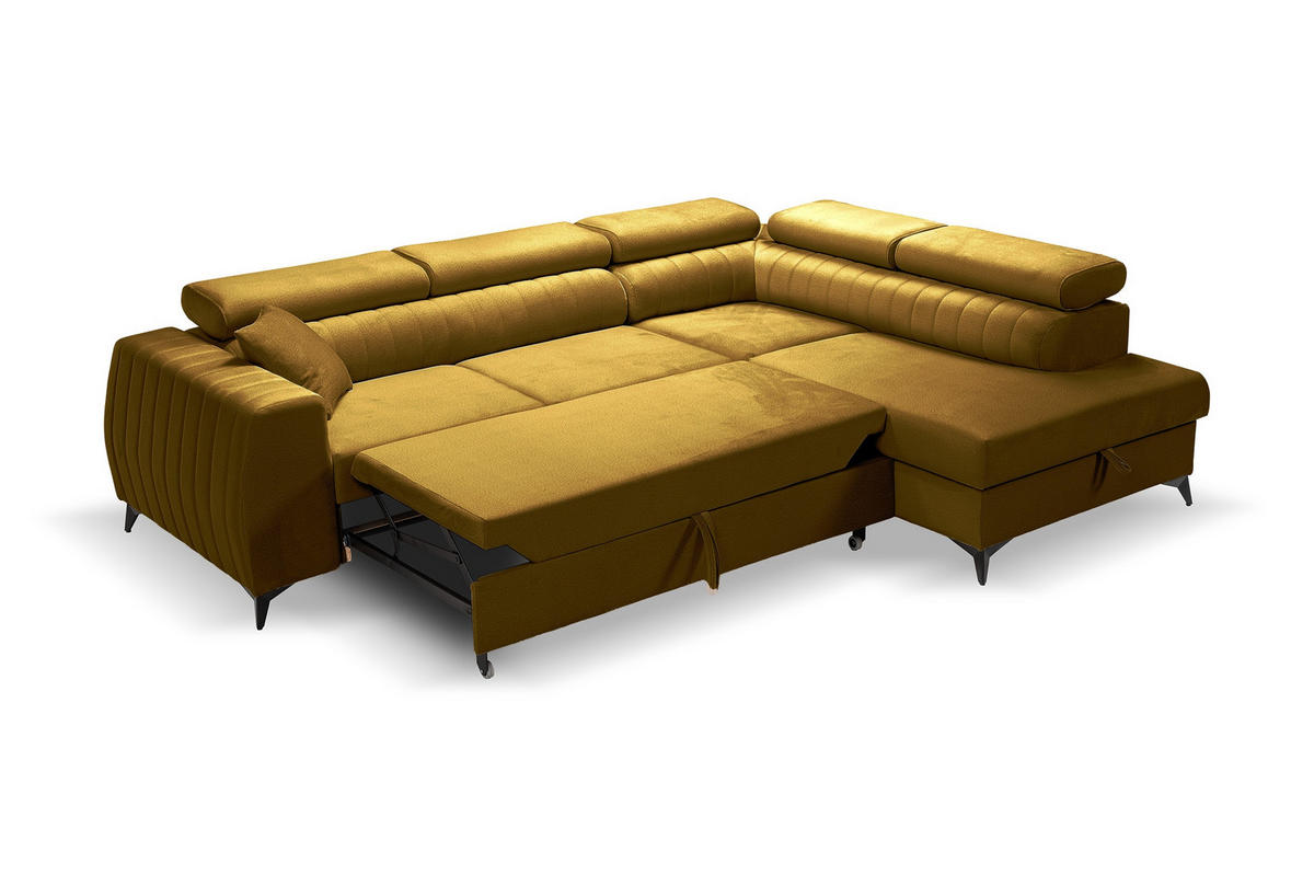 ECKSOFA PIERO L Rechts mit Schlaffunktion 195x125 Velours Gold - Goldfarben/Schwarz, Holz/Textil (203/268cm) - Muffo