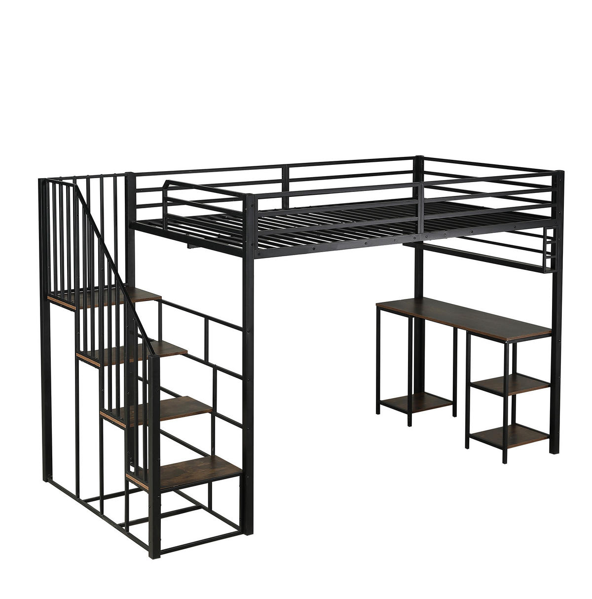 HOCHBETT 120/200 cm aus Metall mit Schreibtisch, Regal und Treppe mit Handläufen, Schwarz/Dunkle Walnuss - Schwarz, Metall (120/200cm) - Redom