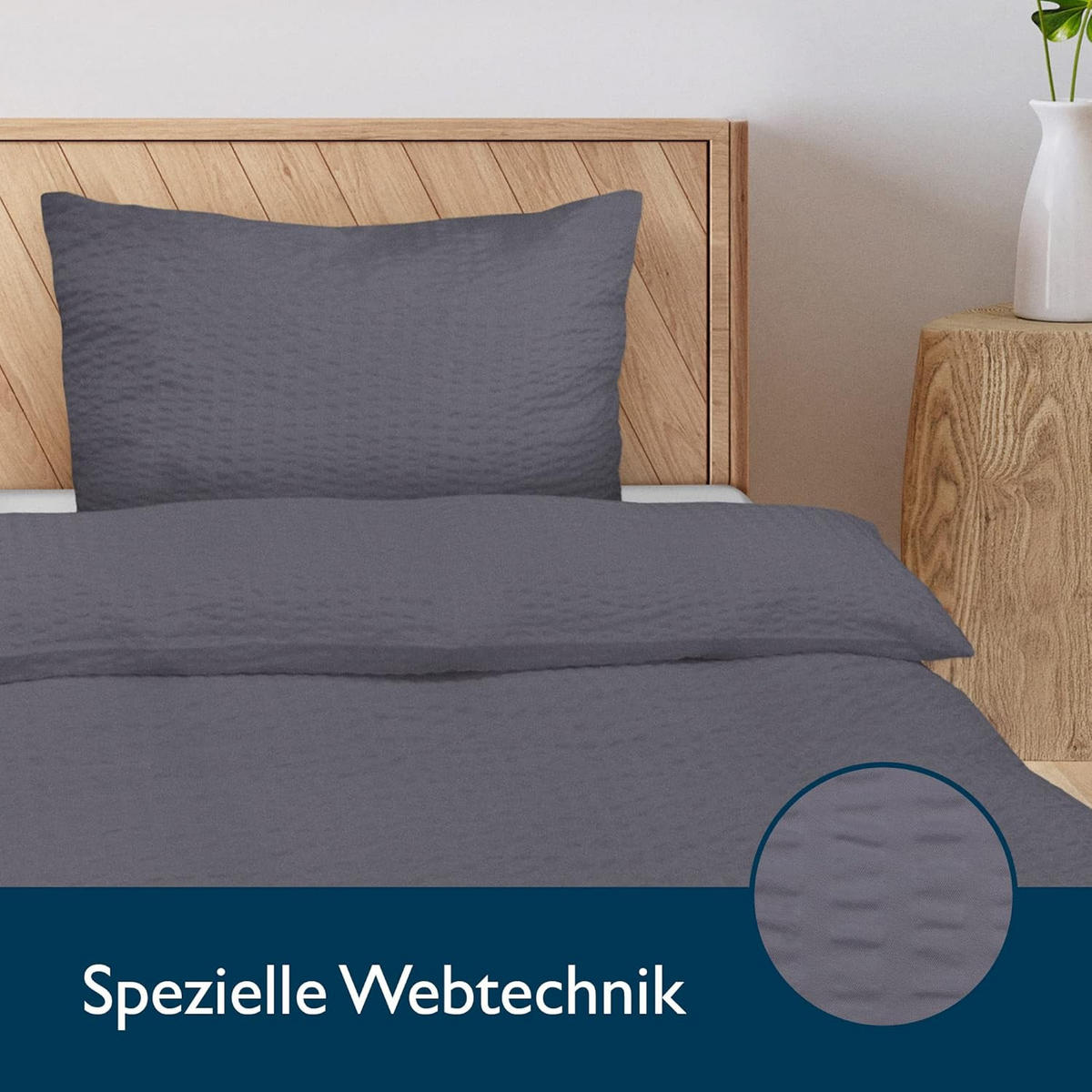 BETTBEZUG Meline 155x220cm + Kissenbezug 80x80cm Anthrazit Seersucker (4tlg) - Anthrazit, Textil (155/220cm) - Beautissu 