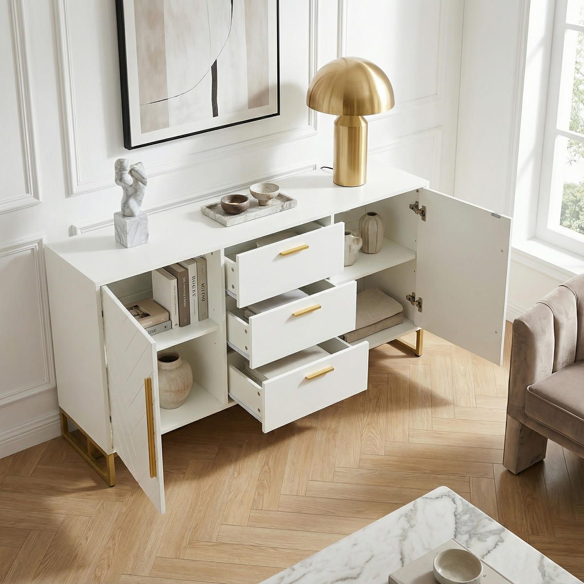 SIDEBOARD in Weiß & Gold mit 2 Türen & 3 Schubladen - Weiß, Holzwerkstoff (145/75/40cm) - Urban Meuble