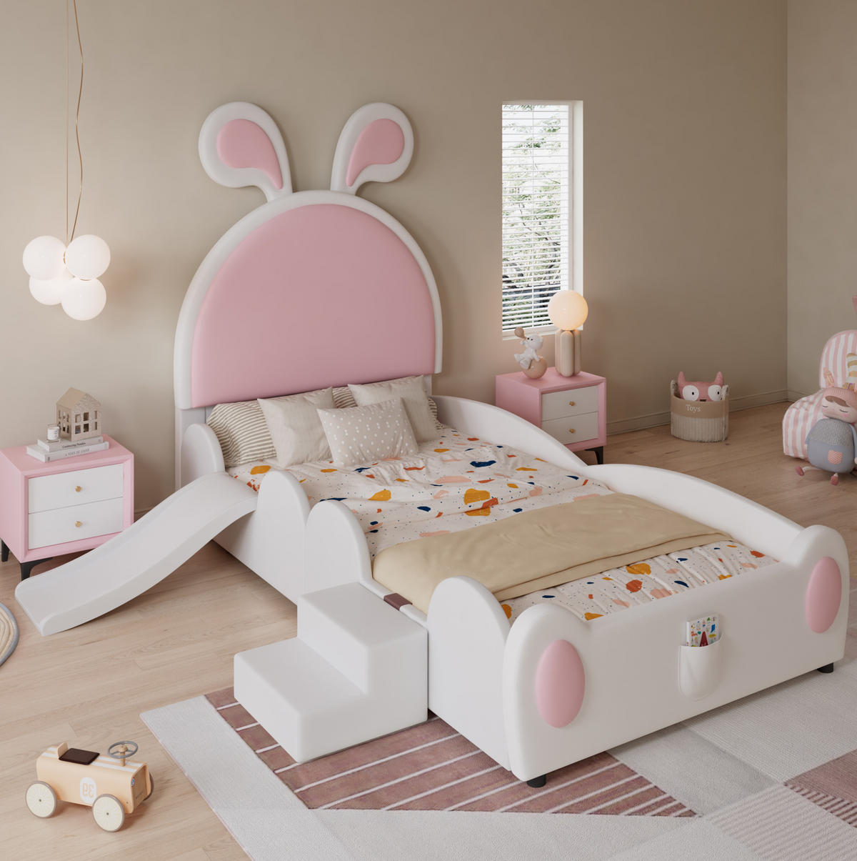 KINDERBETT aus PU 90x200 cm Weiß/Rosa mit Rutsche, Treppe und Hasenohren - Rosa, Kunststoff (90/200cm) - IVMEU