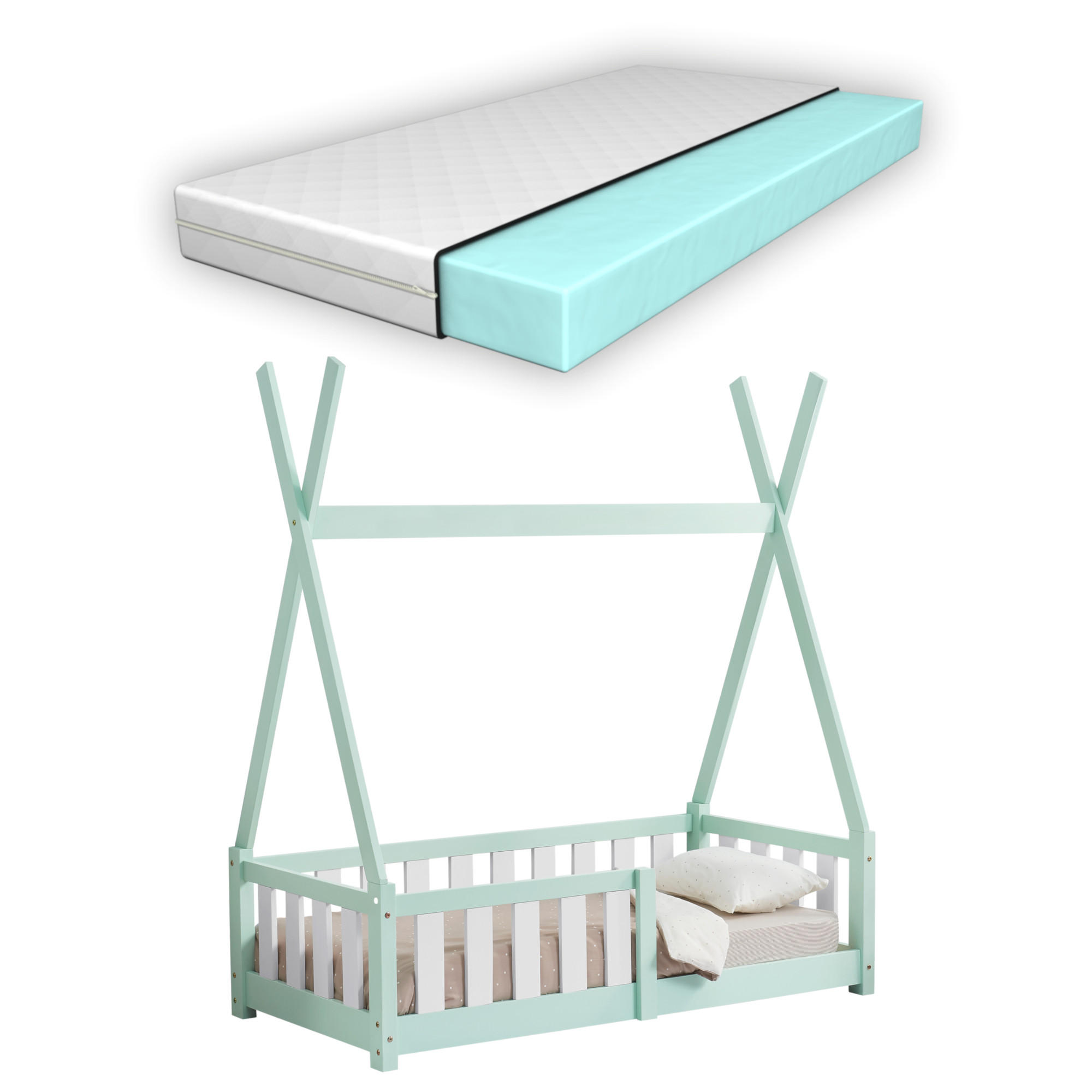 KINDERBETT Helsingborg mit Matratze - Mintgrün, Holz/Textil (70/140cm) - [en.casa]